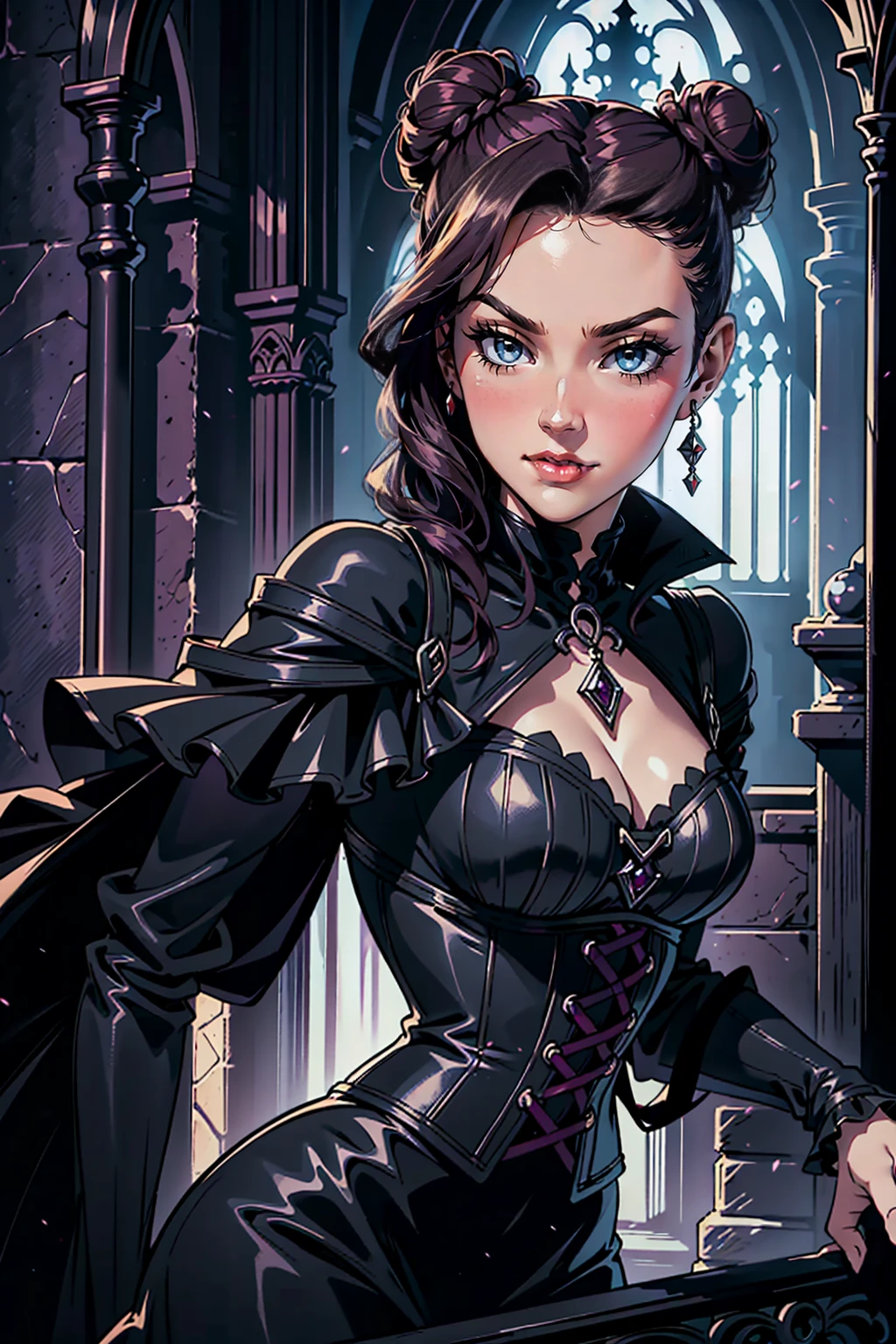 (masterpiece, top quality, best quality, official art, beautiful and aesthetic: 1.2), (1 woman: 1.3), 40 years old, long curly dark brown hair, ((fancy bun)), Victorian style, Victorian classic, extremely detailed, portrait, looking at the viewer, solo, (full body: 0.6), detailed background, close-up, mischievous eyes, (cold midnight castle theme: 1.1), vampire, long fangs, blood on chin, huge lips, charlatan, mischievous smile, mysterious, being seductive on the balcony, revealing gothic dress, extremely tight bodice, black costume, magenta skirts, off-the-shoulder, long sleeves, loose sleeves, black leather , cape, corset, black dress, fishnets, black high boots, buckles, straps, bags, glowing blood magic energy, dark magenta fabric, silver trim, black leather, extremely slim, slim waist, slim hips, medieval background (gothic castle exterior: 1.1), nocturnal, dark and mysterious lighting, shadows, magical atmosphere, Dancing lightly, with chin resting on shoulder, abigail larson art style