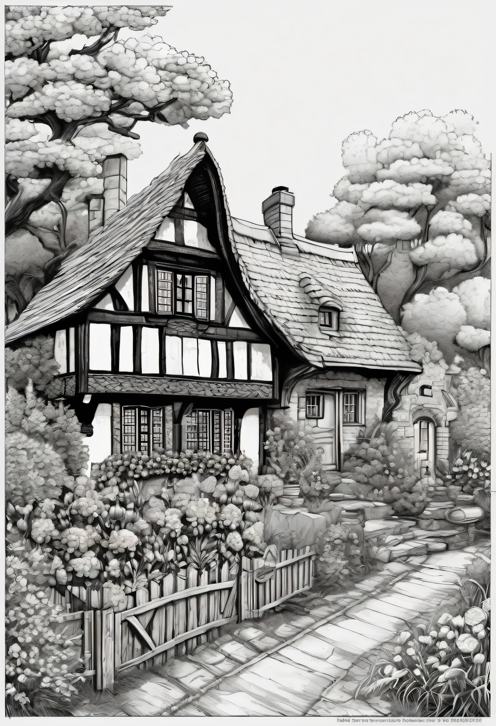 Elizabethan cottage scene . HOUSE FLOWER TREE LANDSCAPE COTTAGE HIGH DETAILS  No colour. NO SHADOW GRAY BLACK