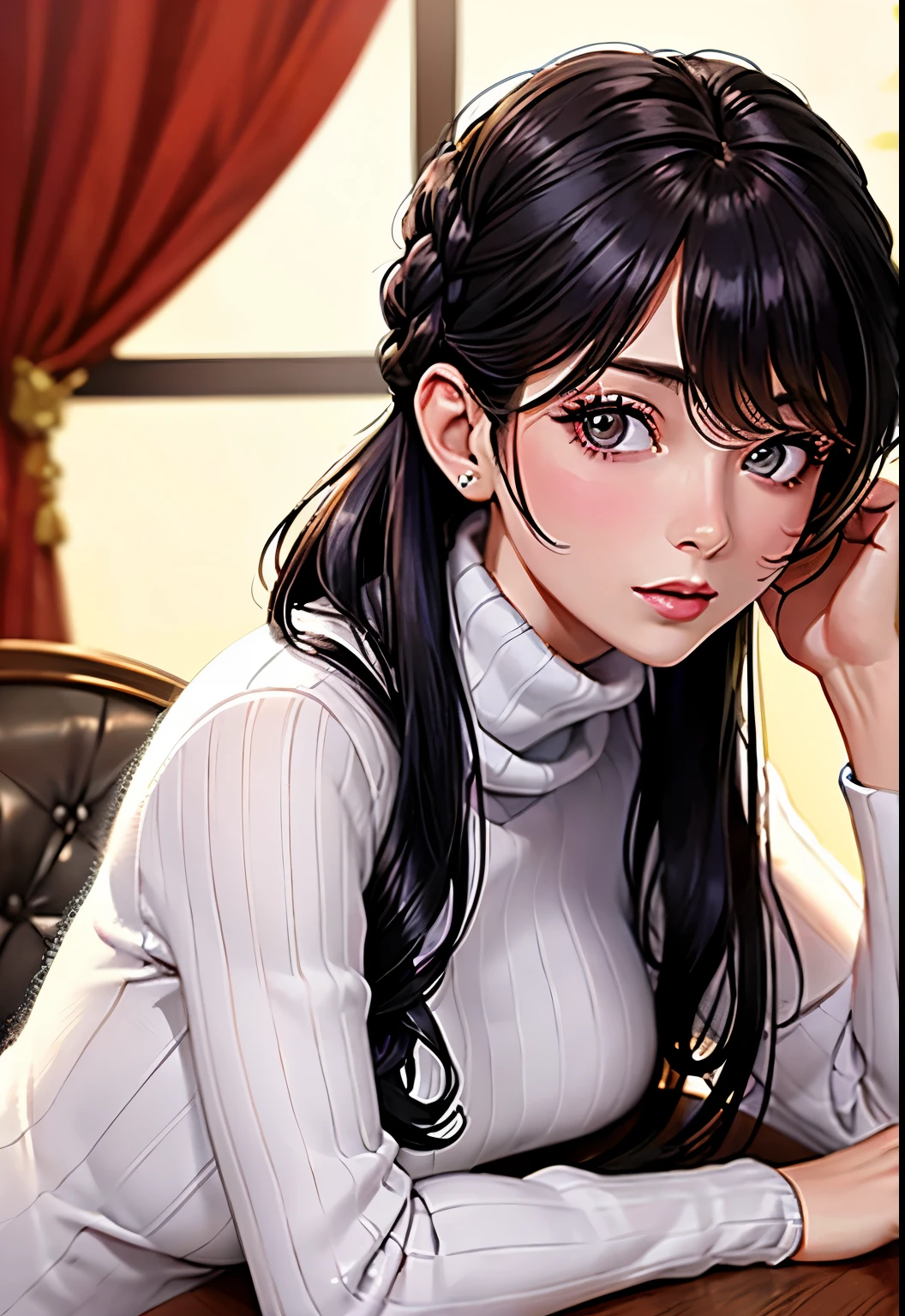 masterpiece, Best quality, 1girl, delicate face, black long hair,Mature and intellectual lady,1boy,White Turtleneck knitted sweater