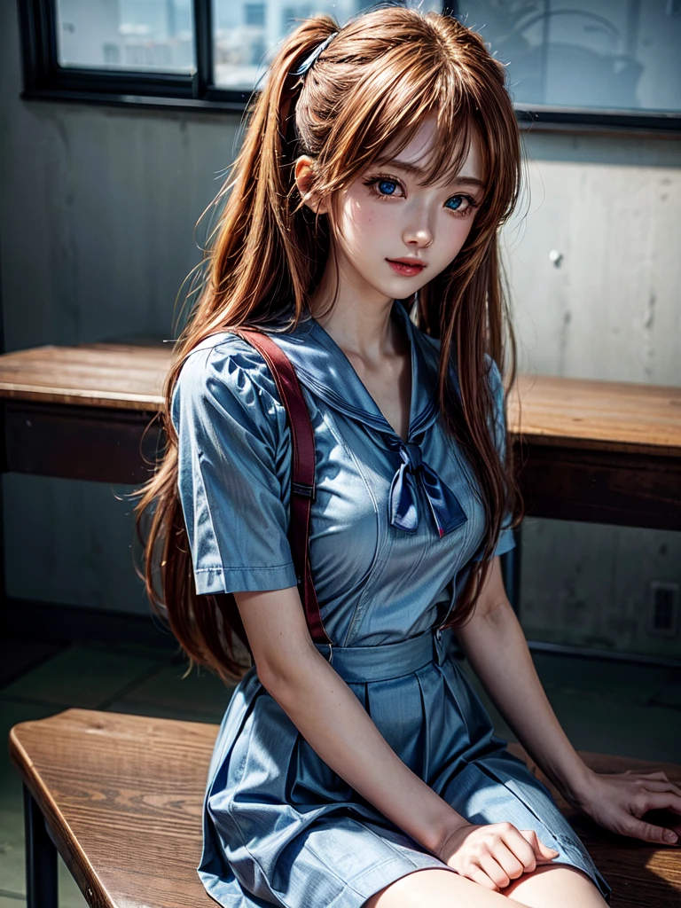 (8k, highest quality, Pieces fly:1.2)、Ultra-high resolution、anime,1 very pretty girl,Asuka Langley,Highly detailed face, Fine grain,blue eyes,,White sailor collar plain short sleeve shirt,Light blue skirt,Light Blue Suspenders,uniform_Red ribbon,Orange Hair,Long Hair、Detailed hand and fingers,put your hands in your hair,Grin、sitting on desk,Shooting from the sky,classroom