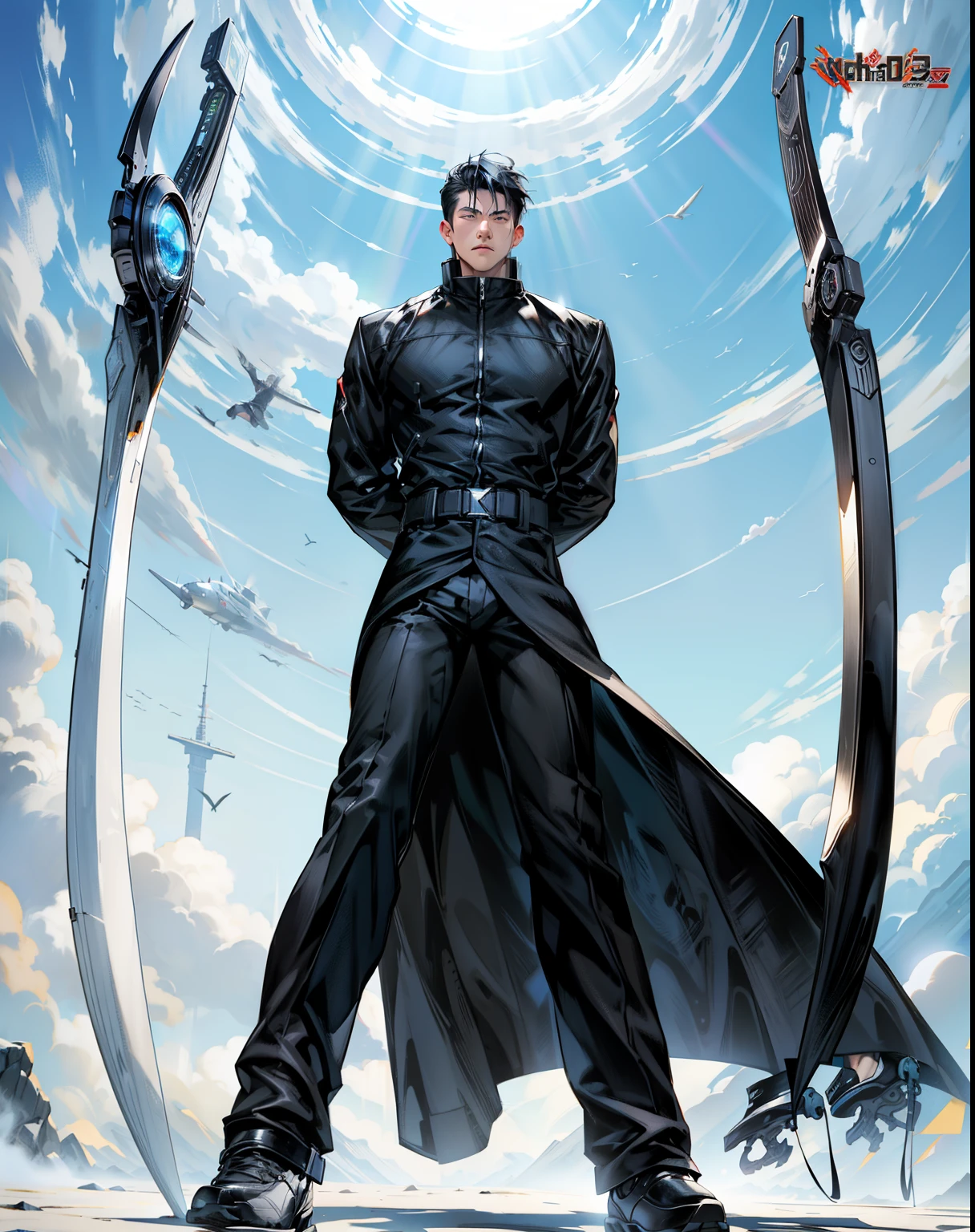 boys 26 Years old, Serious face, wearing long black matrix coat, black pants, black hair, muscular, levitate on sky, blue sky, cloud