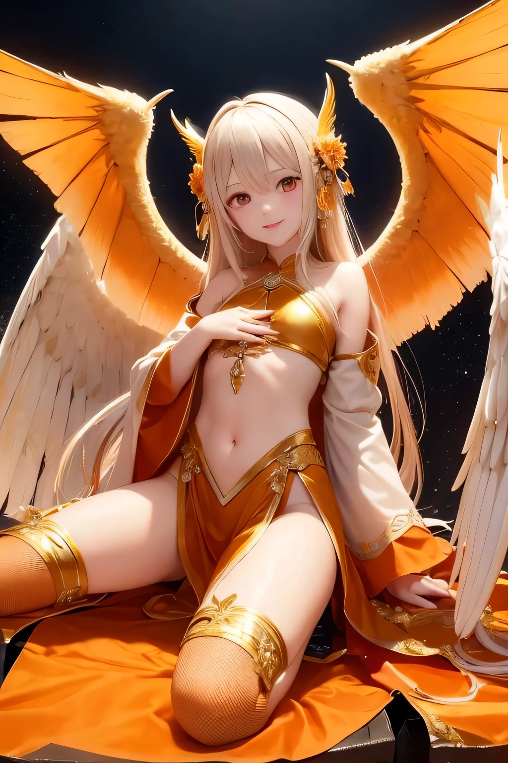 Naked golden angel brunette woman with a golden jacket and golden wings