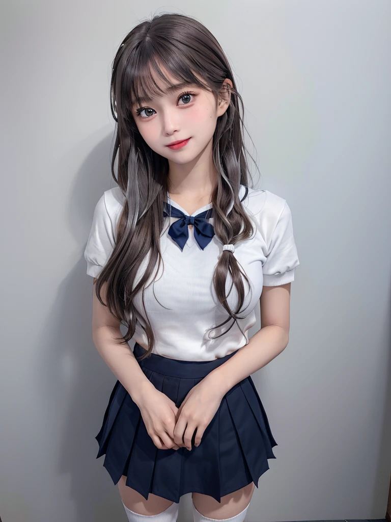 (8K, Photorealistic, Raw photo, of the highest quality: 1.3), (1girl in), Super beautiful, (Realistic face), (boyish, Silver Color Berry Shorthair), Beautiful , Glare that captivates the viewer, Beautiful expression, Beautiful breasts, (Realistic skin), Be...Super high quality, super high definition, super detailed, masterpiece, “The thought of Aoyama, a 17-year-old high school girl with light brown long hair tied up high with a barrette. She wears a navy blue sailor and a navy blue skirt uniform with a red ribbon, white loose socks, loafers, has big eyes, and is a beautiful girl.”standing, whole body, composition that shows the whole body, smiling
