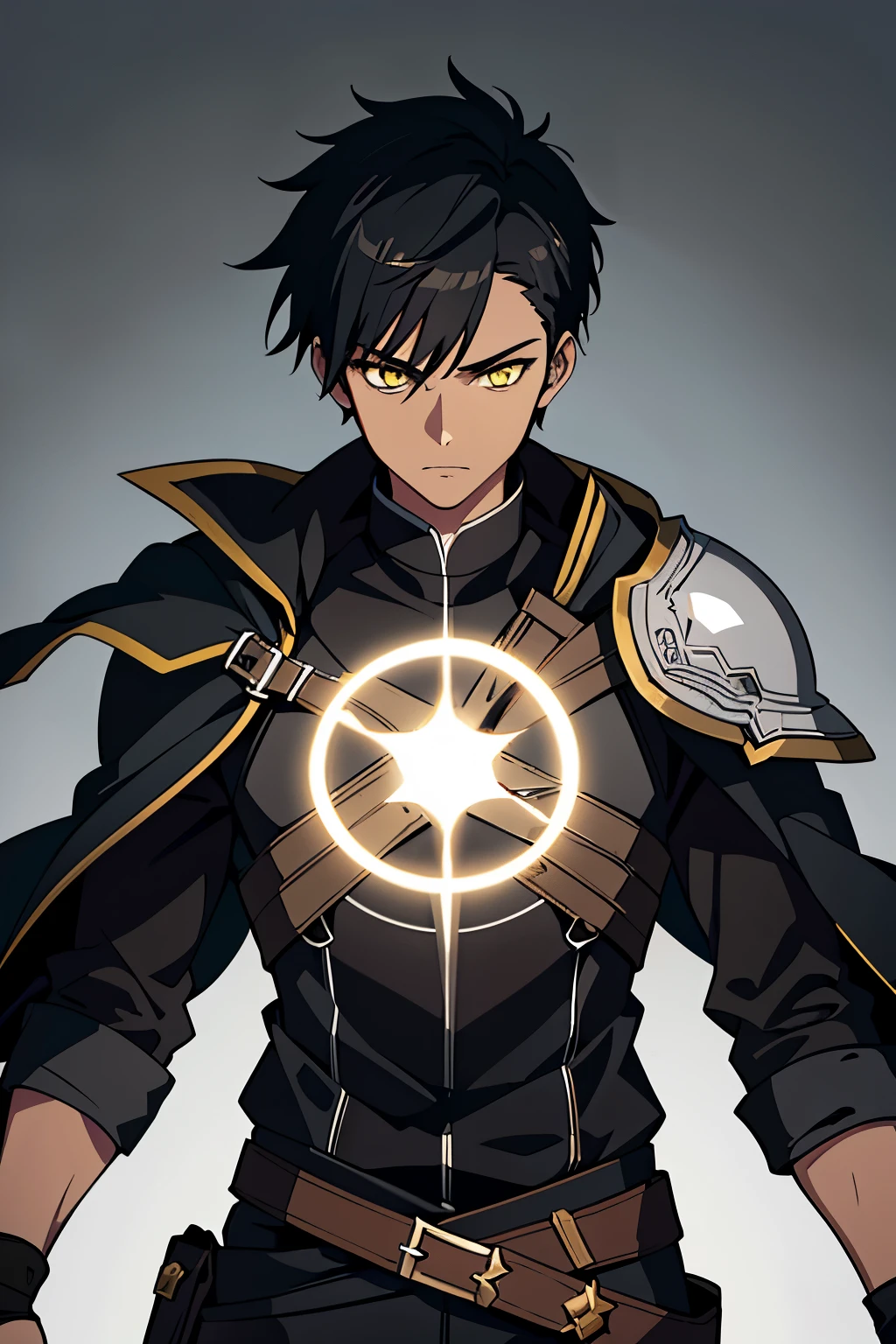 (high-quality, breathtaking),(expressive eyes, perfect face) ((1boy)), male, solo, young adult, black hair, yellow eyes, (short spiky hairstyles) short hair length, (dark skin), soft serious expression, Archer profession, thief attire, cargo pants, lots of belts, Black leather armor, cloak and dagger, environment background, fantasy clothing, fantasy attire, DnD rogue Class, half body, black and brown clothing palette, ((tan skin color)), rogue, leather arm guards, fantasy, (big Stigmata), character focus, ((black light)),((dark lighting)), cinematic lighting ,(darkness), (concept art), (glowing eyes), high resolution, extremely detailed CG unity 8k wallpaper, ((masterpiece)), ((top-quality)), (beautiful illustration), ((an extremely delicate and beautiful)), (masterpiece, Best quality, ultra high resolution), glowing yellow eyes, Luminous_eyes, ultra detailed eyes, Beautiful and detailed face, detailed eyes, (Centered, torso), (wide shot:0.9), facing the viewer, Eye level, ((fully clothed))