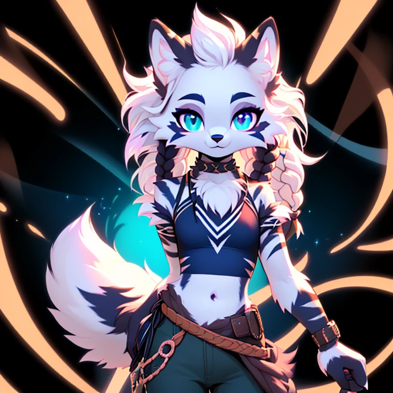 Solo, sfw, Young Female white fox-cat (((lean-body))) (((medium breasts))) (short snout),(((fur (black stripe) between neck and shoulder towards chest))) ((fur (black stripes) on waist))(ears are darker), (heterochromia (orange, violet)), (cat tail (black at end)), (white hair (single-braided)), (fantasy adventure type clothing ((violet shirt (crop top) (dark fur strips on waist)), golden-brown cloak, (navy-blue belt) khaki pants)), happy ((looking at viewer)) ((Female wolf)) (detailed eyes) (clevedge, (collarbone, shoulders), (solo, (1girl)) ((((fluffy white fur)))) ((extremely detailed fur)) (violet crop top)