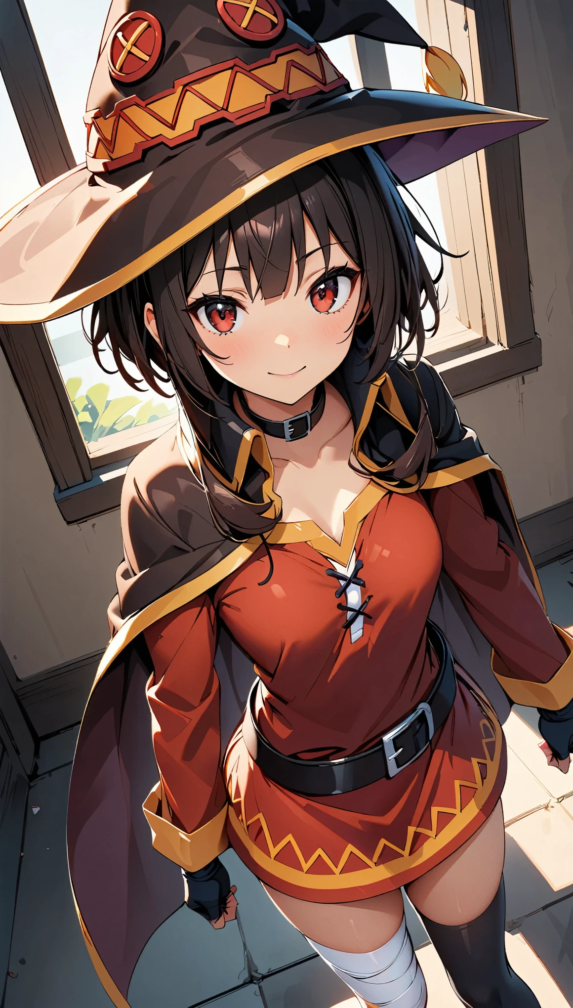 (highest quality:1.2, Very detailed, Latest, Vibrant, Super Detail, Ultra-high resolution, High Contrast, masterpiece:1.2, highest quality, Best aesthetics, aya:0.9), alone, (1 female), /(konosuba/), (Megumin), short hair, black hair, (red eyes:1.3), short hair with long locks, thighhighs, gloves, hat, dress, black gloves, belt, black thighhighs, fingerless gloves, cape, collar, witch hat, bandages, red dress, single thighhigh, asymmetrical legwear, bandaged leg, Dynamic Angle, Random Pause, very detailed face and skin texture, Cowboy Shot,