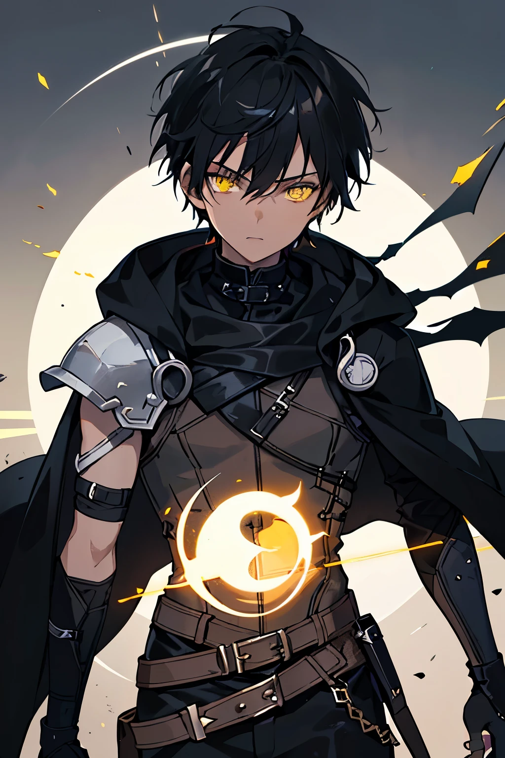 (high-quality, breathtaking),(expressive eyes, perfect face) ((1boy)), male, solo, young adult, black hair, yellow eyes, (short spiky hairstyles) short hair length, (dark skin), soft serious expression, Archer profession, thief attire, cargo pants, lots of belts, Black leather armor, cloak and dagger, environment background, fantasy clothing, fantasy attire, DnD rogue Class, half body, black and brown clothing palette, ((tan skin color)), rogue, leather arm guards, fantasy, (big Stigmata), character focus, ((black light)),((dark lighting)), cinematic lighting ,(darkness), (concept art), (glowing eyes), high resolution, extremely detailed CG unity 8k wallpaper, ((masterpiece)), ((top-quality)), (beautiful illustration), ((an extremely delicate and beautiful)), (masterpiece, Best quality, ultra high resolution), glowing yellow eyes, Luminous_eyes, ultra detailed eyes, Beautiful and detailed face, detailed eyes, (Centered, torso), (wide shot:0.9), facing the viewer, Eye level, ((fully clothed))