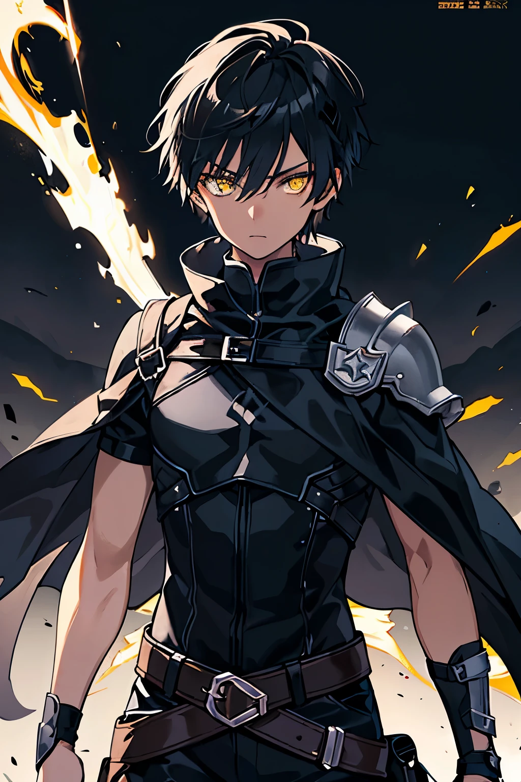 (high-quality, breathtaking),(expressive eyes, perfect face) ((1boy)), male, solo, young adult, black hair, yellow eyes, (short spiky hairstyles) short hair length, (dark skin), soft serious expression, Archer profession, thief attire, cargo pants, lots of belts, Black leather armor, cloak and dagger, environment background, fantasy clothing, fantasy attire, DnD rogue Class, half body, black and brown clothing palette, ((tan skin color)), rogue, leather arm guards, fantasy, (big Stigmata), character focus, ((black light)),((dark lighting)), cinematic lighting ,(darkness), (concept art), (glowing eyes), high resolution, extremely detailed CG unity 8k wallpaper, ((masterpiece)), ((top-quality)), (beautiful illustration), ((an extremely delicate and beautiful)), (masterpiece, Best quality, ultra high resolution), glowing yellow eyes, Luminous_eyes, ultra detailed eyes, Beautiful and detailed face, detailed eyes, (Centered, torso), (wide shot:0.9), facing the viewer, Eye level, ((fully clothed))