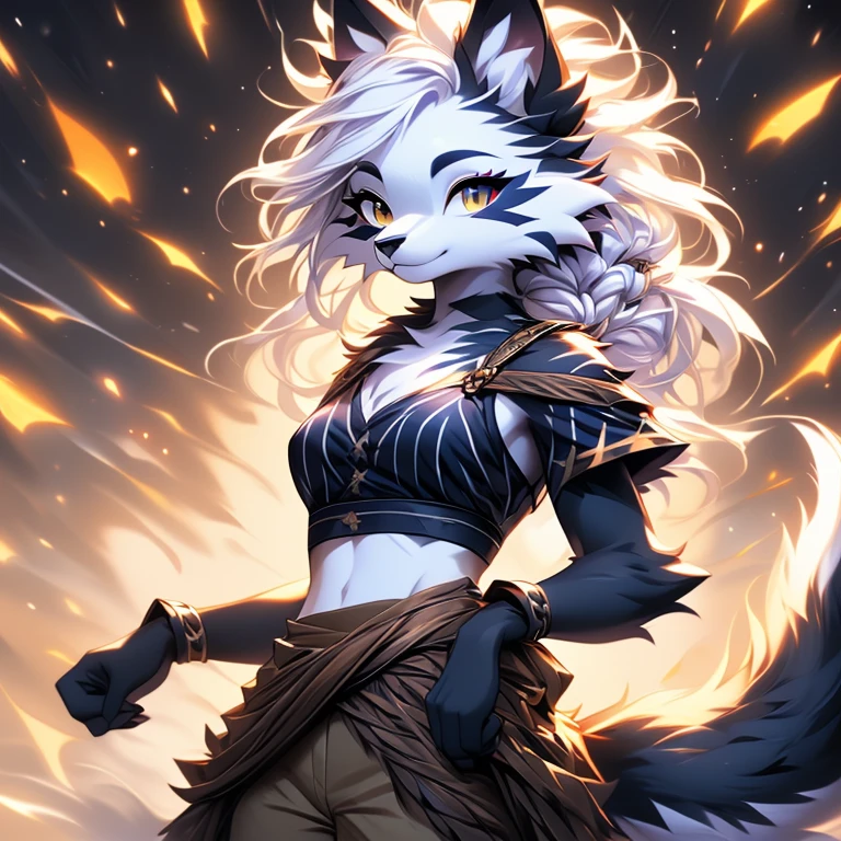 Solo, sfw, Young Female white fox-cat (((lean-body))) (((medium breasts))) (short snout),(((fur (black stripe) between neck and shoulder towards chest))) ((fur (black stripes) on waist))(ears are darker), (heterochromia (orange, violet)), (cat tail (black at end)), (white hair (single-braided)), (fantasy adventure type clothing ((violet shirt (crop top) (dark fur strips on waist)), golden-brown cloak, (navy-blue belt) khaki pants)), happy ((looking at viewer)) ((Female wolf)) (detailed eyes) (clevedge, (collarbone, shoulders), (solo, (1girl)) ((((fluffy white fur)))) ((extremely detailed fur)) (violet shirt) (detailed eyes)