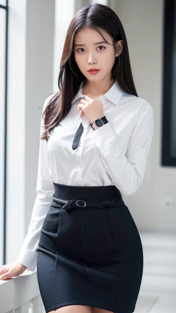 girl, convent, tight white shirt, long sleeves, loose necktie, navy blue tight pencil skirt, black belt,