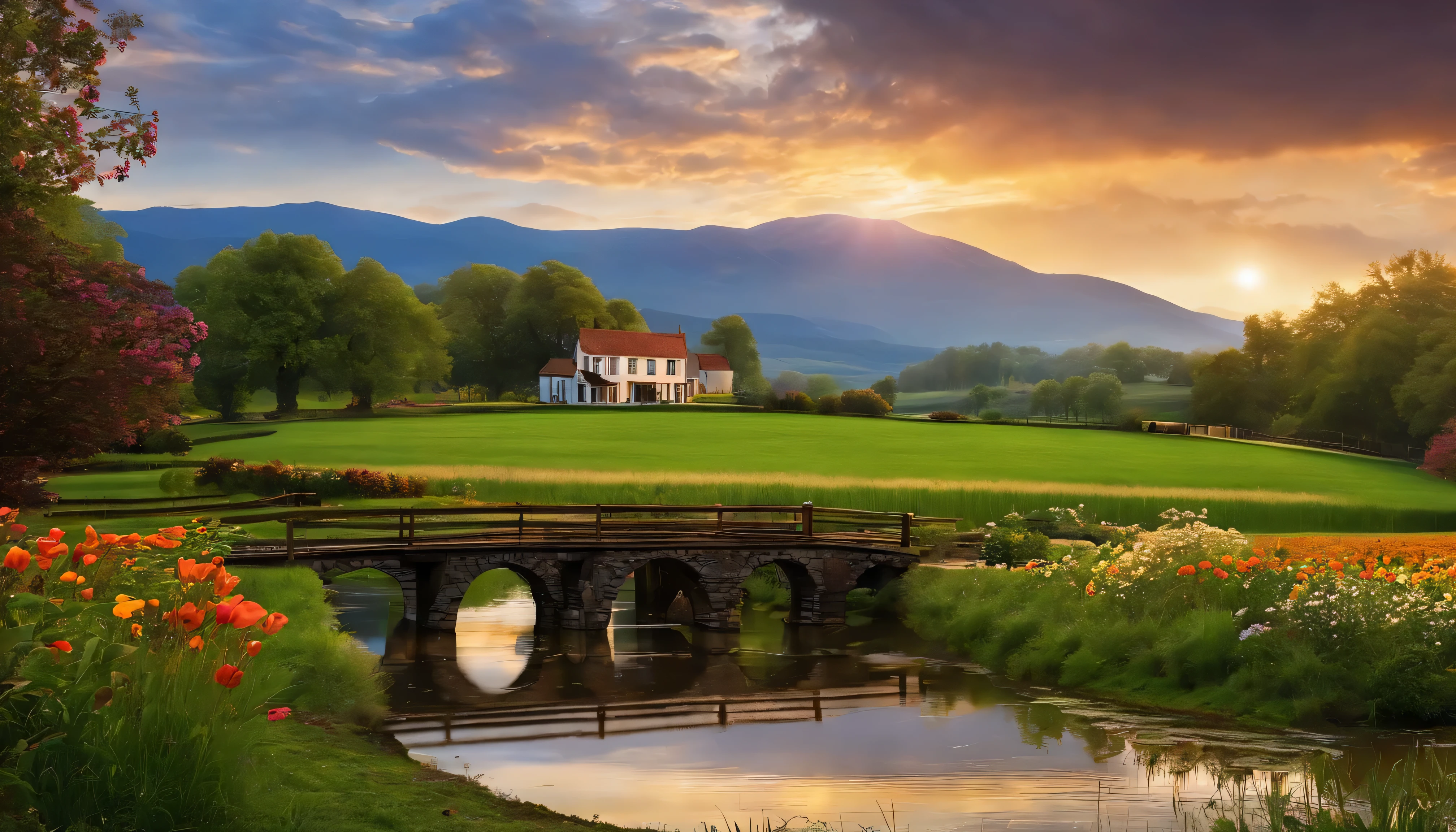 Masterpiece, best quality, sky, sunset, clouds, country side , Rainy day, wet Muddy field, small house, waterwheel,small pond, flower,tile path, garden lamps,grass,fence, Countryside complex, mountains, rivers, vistas, ((tileset)) no human in this scane