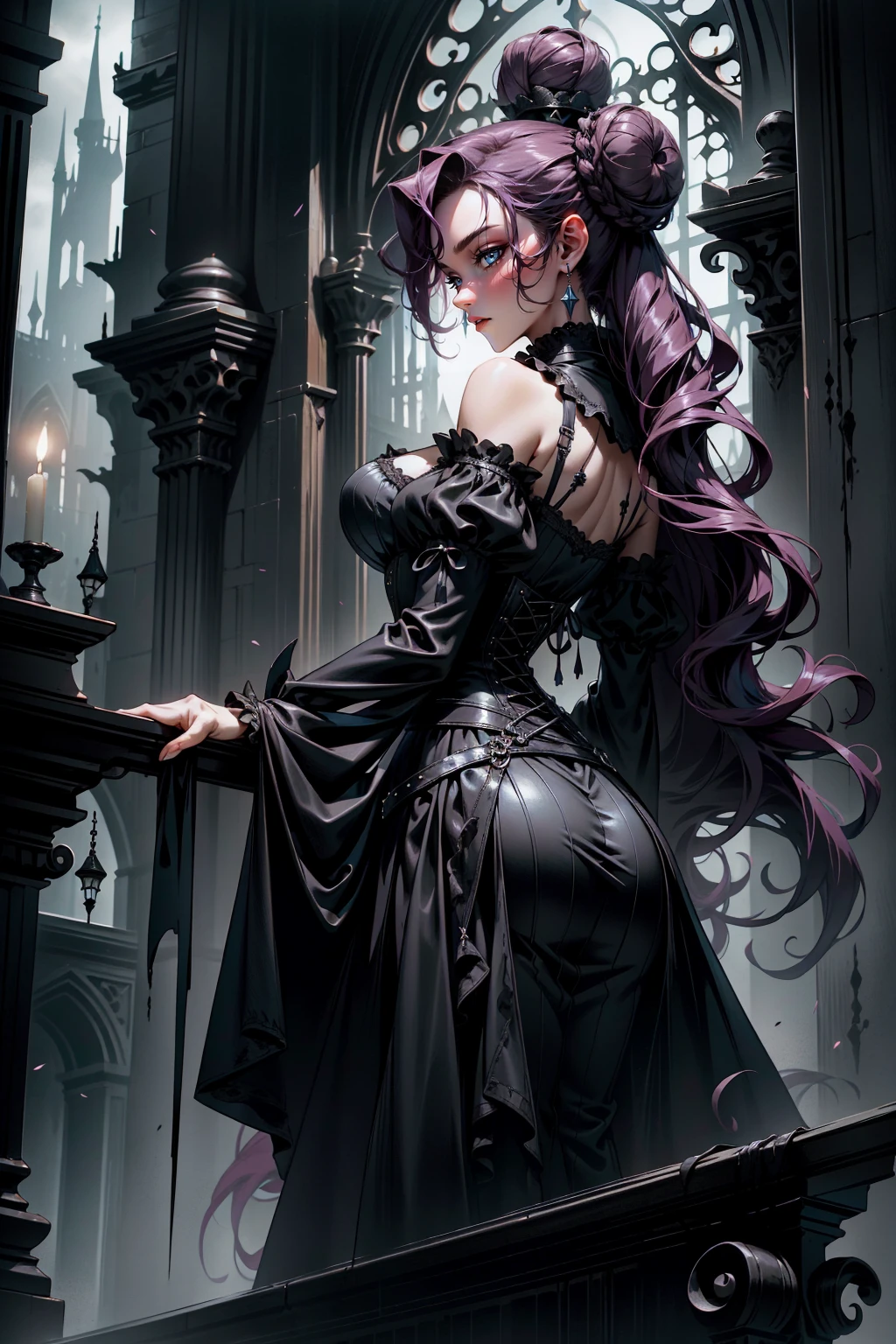 (masterpiece, top quality, best quality, official art, beautiful and aesthetic: 1.2), (1 woman: 1.3), 40 years old, long curly dark brown hair, ((fancy bun)), Victorian style, Victorian classic, extremely detailed, portrait, looking at the viewer, solo, (full body: 0.6), detailed background, close-up, mischievous eyes, (cold midnight castle theme: 1.1), vampire, long fangs, blood on chin, huge lips, charlatan, mischievous smile, mysterious, being seductive on the balcony, revealing gothic dress, extremely tight bodice, black costume, magenta skirts, off-the-shoulder, long sleeves, loose sleeves, black leather , cape, corset, black dress, fishnets, black high boots, buckles, straps, bags, glowing blood magic energy, dark magenta fabric, silver trim, black leather, extremely slim, slim waist, slim hips, medieval background (gothic castle exterior: 1.1), nocturnal, dark and mysterious lighting, shadows, magical atmosphere, Dancing lightly, with chin resting on shoulder, abigail larson art style. backwadrs, Looking back. Very sexy, with chin resting on shoulder, abigail larson art style