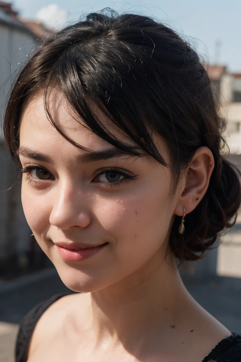 black hair, hair bobbles, wince, longeyelashes, solid circle eyes, light smile, ear blush, drop shadow, anaglyph, stereogram, tachi-e, pov, atmospheric perspective, 8k, super detail, ccurate, best quality
