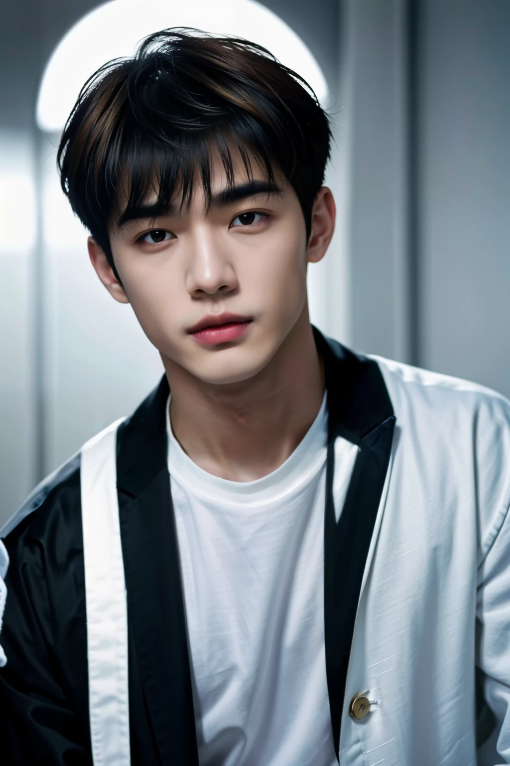 (masterpiece:1.21),(bestquality:1.21),8k,high detailed,ultra-detailed,photography,award winning,documentary,Original Photo,Realisticity,solo,Studio lighting,High resolution scan,physically-based rendering,Cinematic Lighting,award winning work,depth of field,(low saturation:1.3),(1boy;1.4:1.1),a male,male focus,silm,Asian,handsome face,Well-Proportioned Hands,Real Skin Texture,White Marble Glowing Skin,model,thick eyebrows,(random_color_ Fashion_clothing:1.45),(random colo background:1.1),close-up view,(random stylish pose action:1.1),(portrait:1.22),Asian Bowl Cut,Smirk