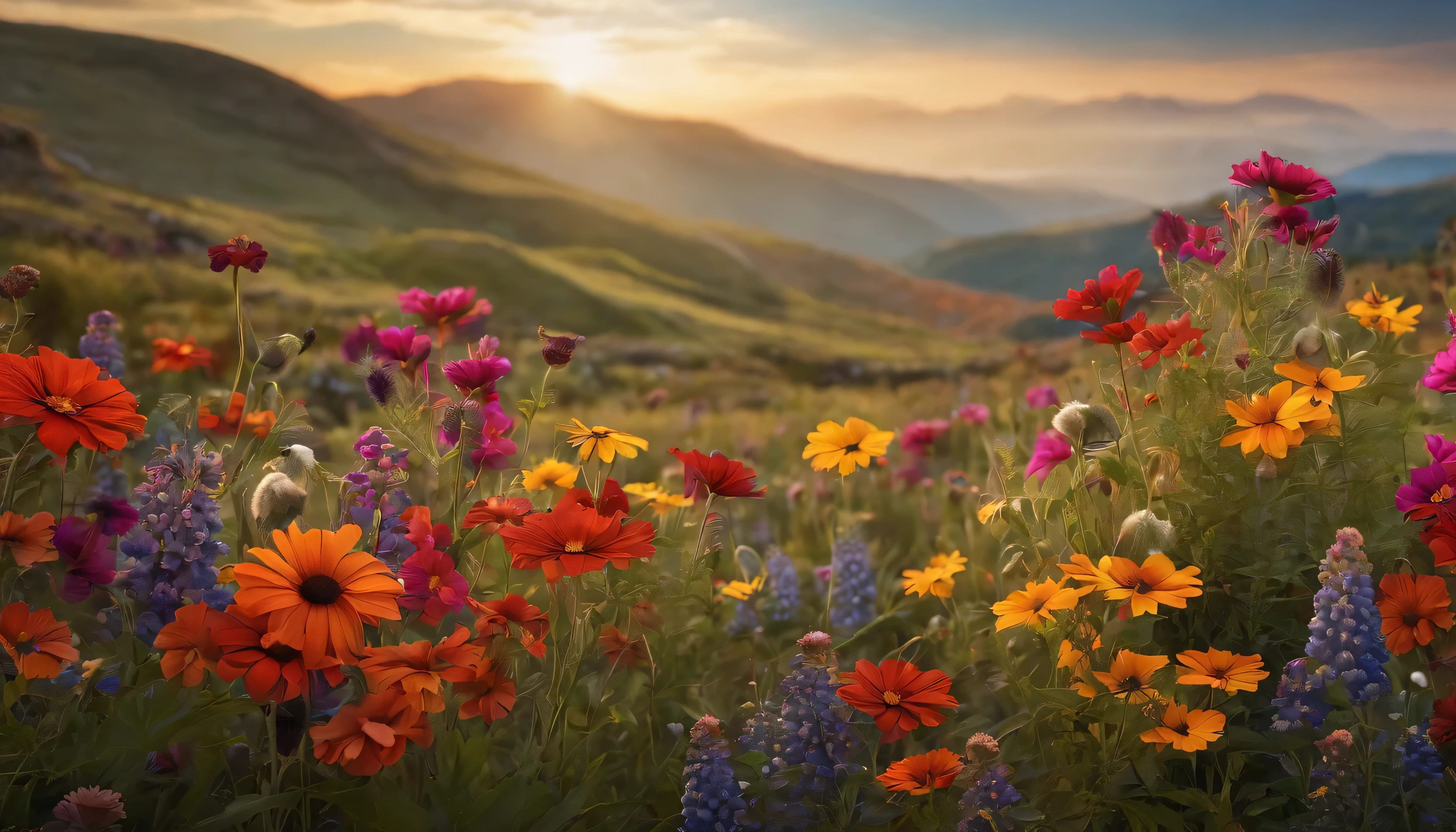 wildflowers pattern, use rich color palette. variety of diferent flower, Detailed background,Complements the flowers