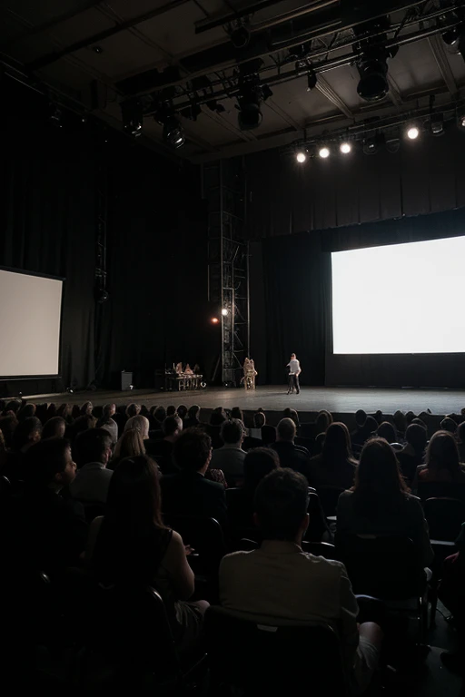 Photo : Generate an image seen through a small opening in a black curtain on the left side of the backstage area of a large conference. The photo shows a large and attentive audience seated in a spacious, illuminated conference hall. The backstage, shrouded in darkness, contrasts sharply with the brightness of the stage, creating an atmosphere of tension and anticipation. The image includes a grain effect, simulating the low exposure due to the backstage darkness, to add realism and intimacy, capturing the nervousness of the moment just before stepping onto the stage.