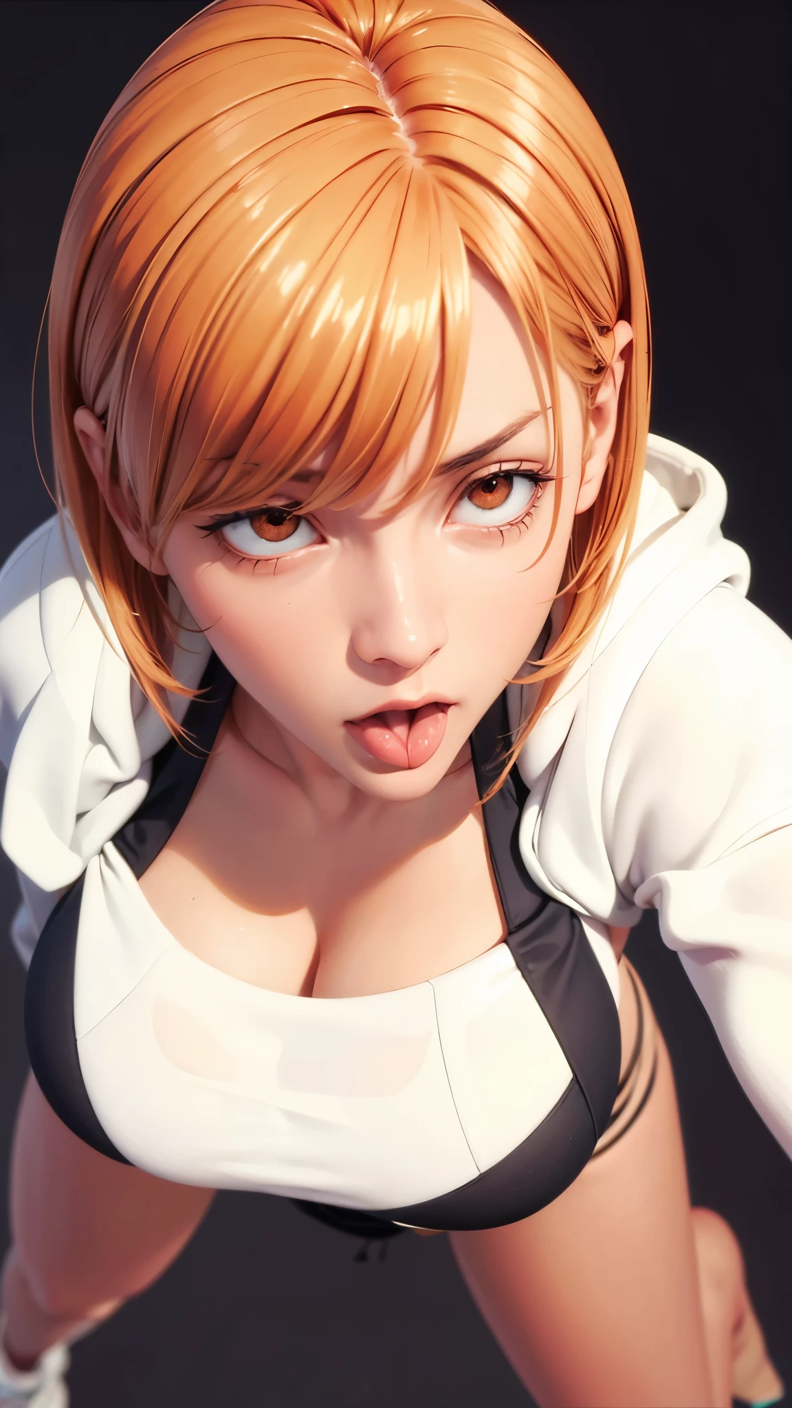 （（（完美figure，figure，solo， （（（A white hoodie jacket with a deep blue pattern on the shoulders, black pants, and white sneakers ））），（（（nobarakugisakinova，Orange eyes，orange short hair））），((masterpiece)),high resolution, ((Best quality at best))，masterpiece，quality，Best quality，（（（ Exquisite facial features，Looking at the audience,There is light in the eyes，(（（ahegao，open mouth，Stick out your tongue））)，））），型figure:1.7））），（（（Light and shadow，Huge breasts））），（（（Looking at the camera，black background，）））