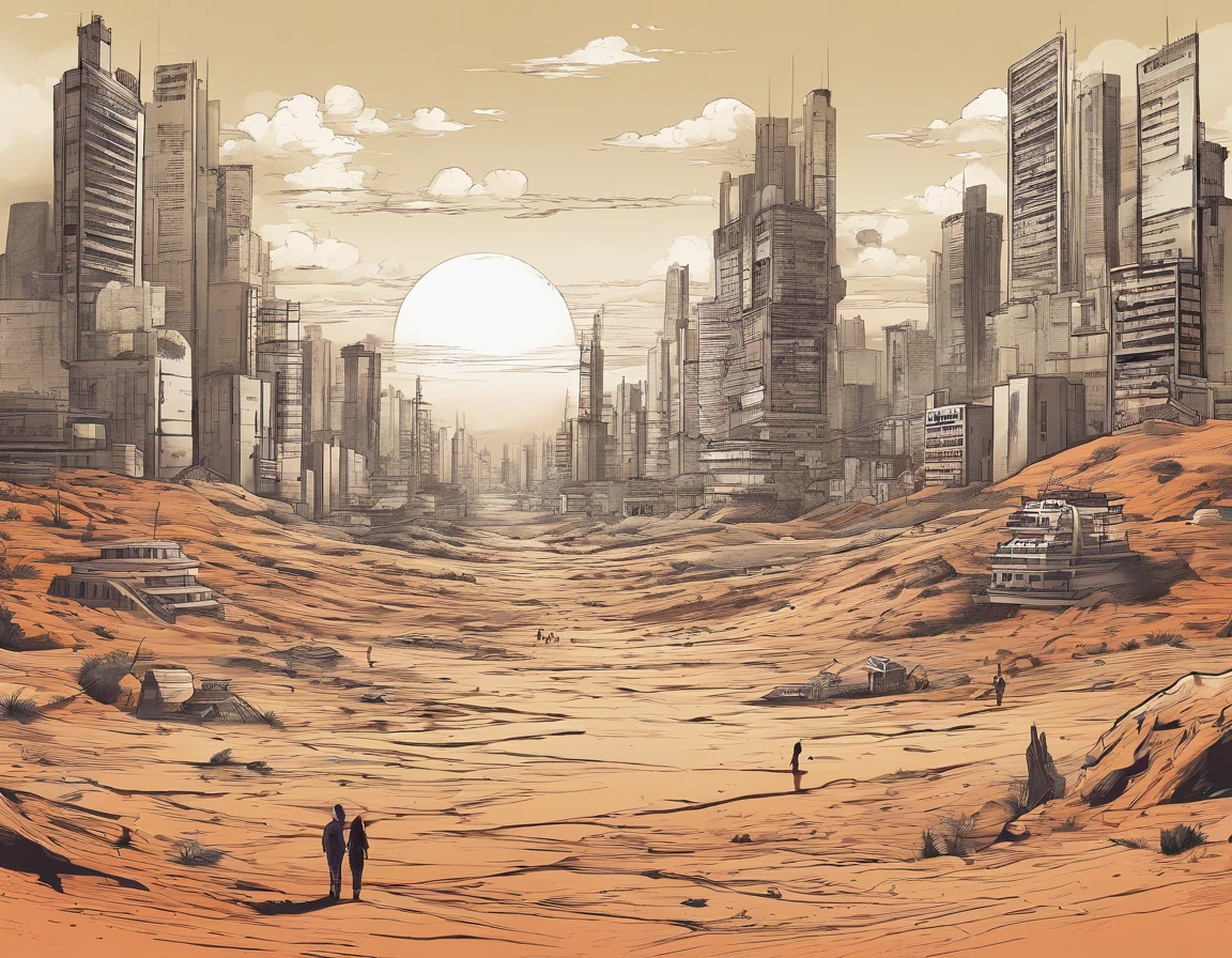 Dead city half swallowed up by desert. Without any manifestations of life. Plant-free, Without animals.