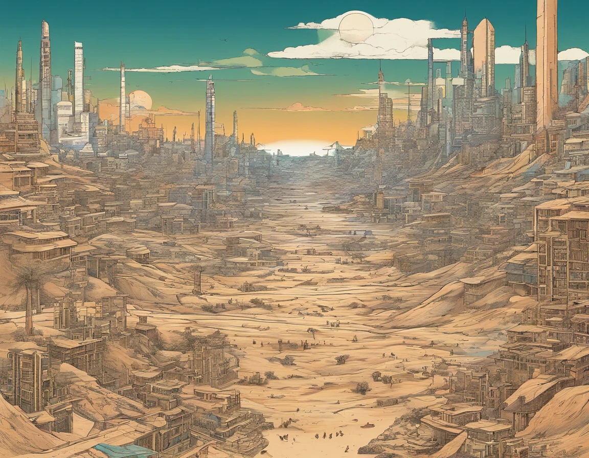 Dead city half swallowed up by desert. Without any manifestations of life. Plant-free, Without animals.