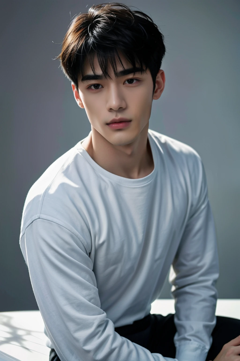 (masterpiece:1.21),(bestquality:1.21),8k,high detailed,ultra-detailed,photography,award winning,documentary,Original Photo,Realisticity,solo,Studio lighting,High resolution scan,physically-based rendering,Cinematic Lighting,award winning work,depth of field,(low saturation:1.3),(1boy;1.4:1.1),a male,male focus,silm,Asian,handsome face,Well-Proportioned Hands,Real Skin Texture,White Marble Glowing Skin,model,thick eyebrows,(random_color_ Fashion_clothing:1.45),(random colo background:1.1),close-up view,(random stylish pose action:1.1),(portrait:1.22),Asian Bowl Cut,Smirk