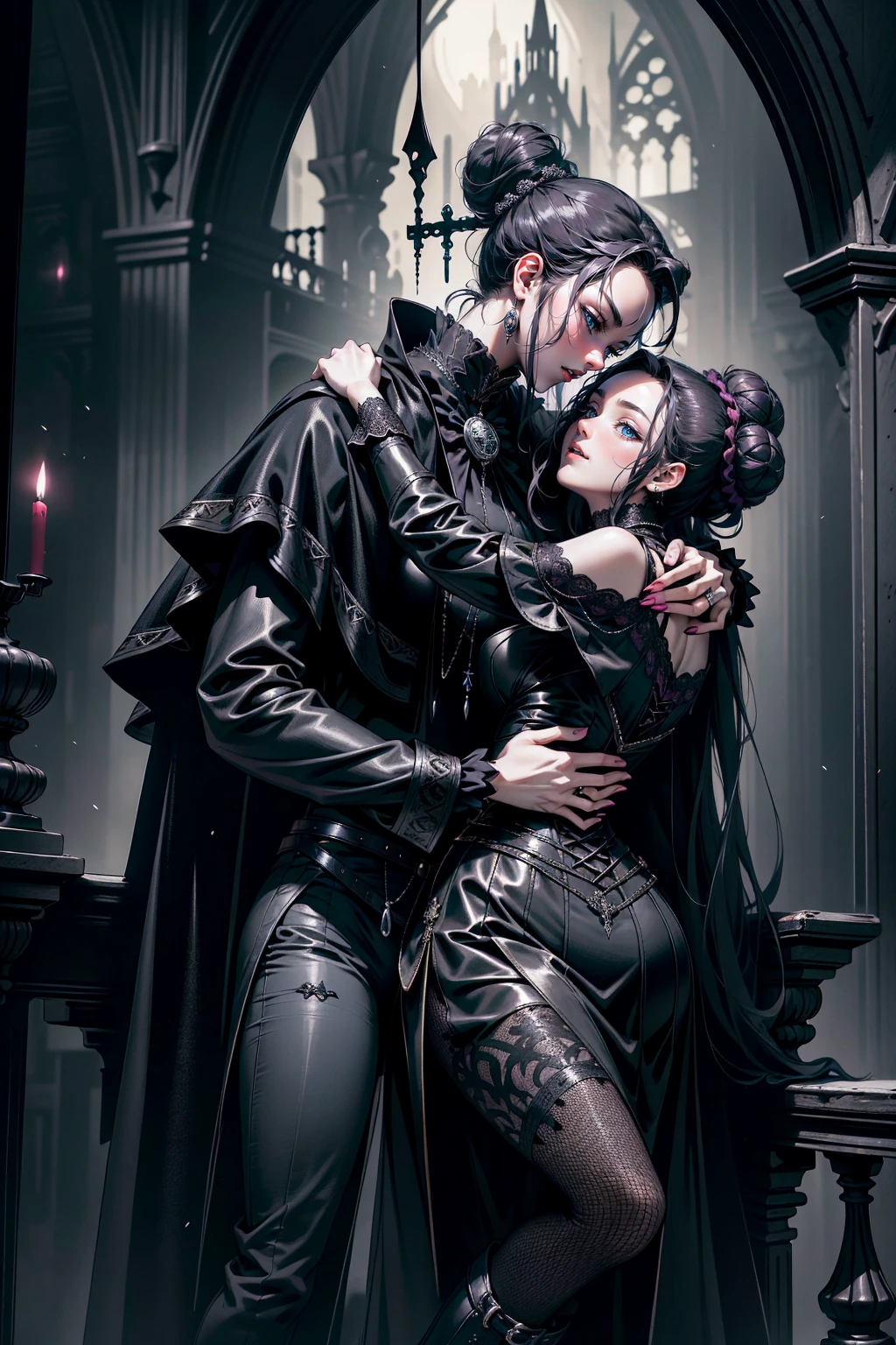(masterpiece, top quality, best quality, official art, beautiful and aesthetic: 1.2), (1 woman: 1.3), 40 years old, long curly dark brown hair, ((fancy bun)), Victorian style, Victorian classic, extremely detailed, portrait, looking at the viewer, solo, (full body: 0.6), detailed background, close-up, mischievous eyes, (cold midnight castle theme: 1.1), vampire, long fangs, blood on chin, huge lips, charlatan, mischievous smile, mysterious, being seductive on the balcony, revealing gothic dress, extremely tight bodice, black costume, magenta skirts, off-the-shoulder, long sleeves, loose sleeves, black leather , cape, corset, black dress, fishnets, black high boots, buckles, straps, bags, glowing blood magic energy, dark magenta fabric, silver trim, black leather, extremely slim, slim waist, slim hips, medieval background (gothic castle exterior: 1.1), nocturnal, dark and mysterious lighting, shadows, magical atmosphere, Dancing lightly, with chin resting on shoulder, abigail larson art style. Very sexy, with chin resting on shoulder, abigail larson art style