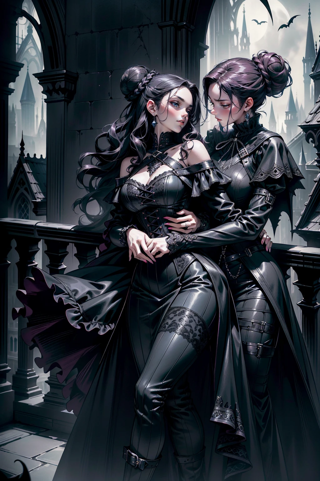 (masterpiece, top quality, best quality, official art, beautiful and aesthetic: 1.2), (1 woman: 1.3), 40 years old, long curly dark brown hair, ((fancy bun)), Victorian style, Victorian classic, extremely detailed, portrait, looking at the viewer, solo, (full body: 0.6), detailed background, close-up, mischievous eyes, (cold midnight castle theme: 1.1), vampire, long fangs, blood on chin, huge lips, charlatan, mischievous smile, mysterious, being seductive on the balcony, revealing gothic dress, extremely tight bodice, black costume, magenta skirts, off-the-shoulder, long sleeves, loose sleeves, black leather , cape, corset, black dress, fishnets, black high boots, buckles, straps, bags, glowing blood magic energy, dark magenta fabric, silver trim, black leather, extremely slim, slim waist, slim hips, medieval background (gothic castle exterior: 1.1), nocturnal, dark and mysterious lighting, shadows, magical atmosphere, Dancing lightly, with chin resting on shoulder, abigail larson art style. Very sexy, with chin resting on shoulder, abigail larson art style
