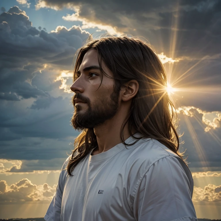 (RAW style, masterpiece, best quality, ultra-detailed), Jesus in the sky between clouds, rays of sun behind him, day light,