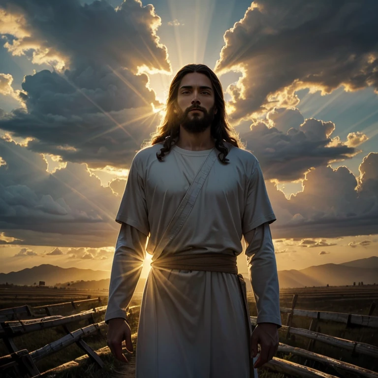 (RAW style, masterpiece, best quality, ultra-detailed), Jesus in the sky between clouds, rays of sun behind him, day light,