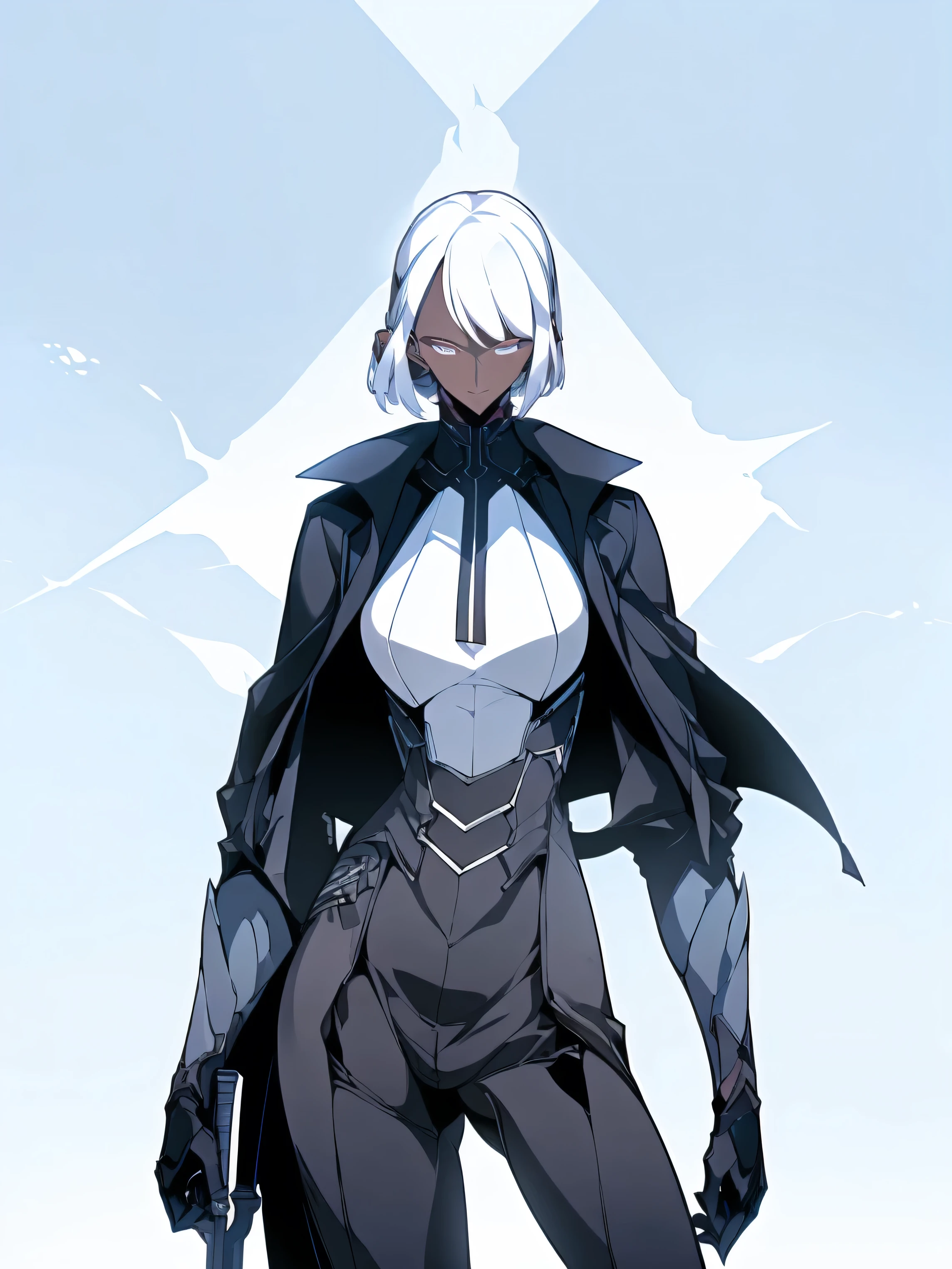 (top-quality、​masterpiece:1.2) 1woman、Adults、((dark skinned female、long white short hair、Hair hanging over the ears)) ((White background)) eye glasses、((Black business suit、Black tailored jacket、white  shirt、Black pantsuit、Black gloves)) (One hand is on her hip) (Vicious look、Vulgar smile)