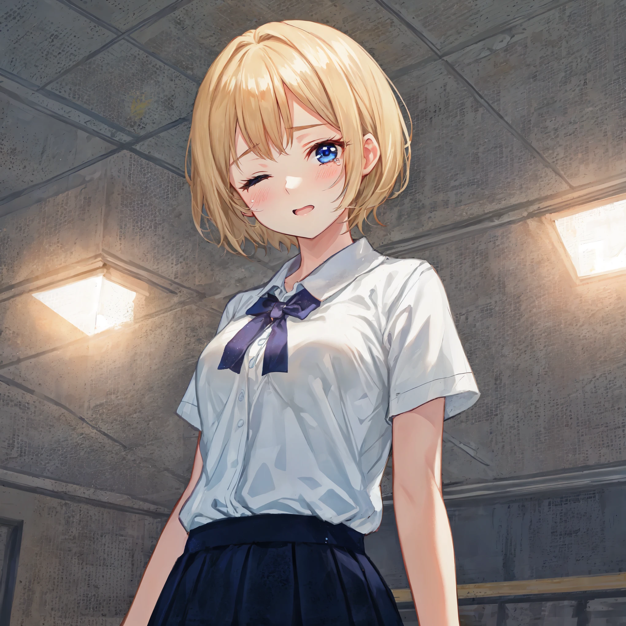 {{school gym buruma}},top quality,From Below,one eye closed,crying,medium short blond hair1;4,{ {beautiful large breasts 1:4}}, cute girl, brush, classroom, high quality background, hanging eyes, From Below, detailed shirt chest wrinkles, {{{High school girl}}},BREAK,{{beautiful blue eye1:4}},BREAK,5 fingers