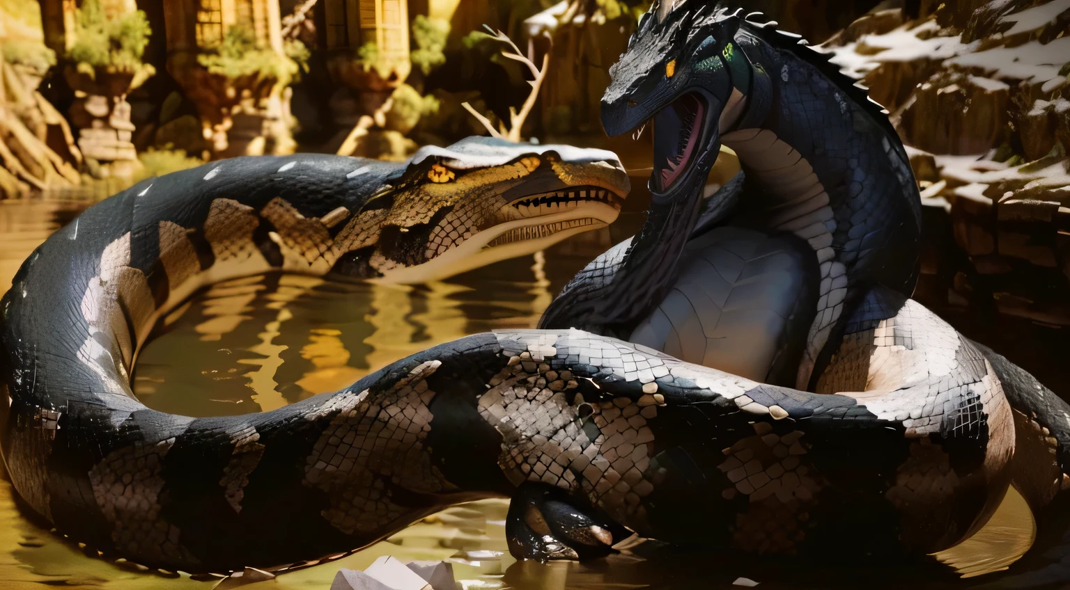 there is a big snake that is sitting on a rock, anaconda, river otter dragon, cobra gigante, serpentine water monster, serpentes realistas enroladas, Jormungandr, jormungandr, realistic paleoart, uma criatura antiga, deus do rio, crocodilo Loki, basilisco, epic 3 d oxossi, paleoart