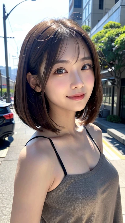 (((Absolutely shoulder-length brown hair straight short bob)))、(((She poses like a hair salon model with downtown Hawaii in the background.)))、(((casual black winter street fashion)))、close up of face、Half Japanese and Korean、18 year old girl、standing alone、facing forward、light eye makeup、brown hair color、flat and 、hair blowing in the wind、actress quality、Shiny, ultra-realistic face、smiling expression、Moist eyes、looking up、subdued lighting effects、 ultra-realistic capture、very detailed、High resolution 16K close-up of human skin。Skin texture must be natural、Must be so detailed that pores can be identified、skin is healthy、Must have an even tone、use natural light and colors、High quality photos taken by a model agency's exclusive photographer、smile