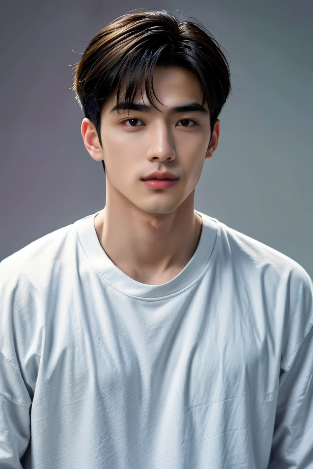 (masterpiece:1.21),(bestquality:1.21),8k,high detailed,ultra-detailed,photography,award winning,documentary,Original Photo,Realisticity,solo,Studio lighting,High resolution scan,physically-based rendering,Cinematic Lighting,award winning work,depth of field,(low saturation:1.3),(1boy;1.4:1.1),a male,male focus,silm,Asian,handsome face,Well-Proportioned Hands,Real Skin Texture,White Marble Glowing Skin,model,thick eyebrows,(random_color_ Fashion_clothing:1.45),(random colo background:1.1),close-up view,(random stylish pose action:1.1),(portrait:1.22),Asian Bowl Cut,Smirk
