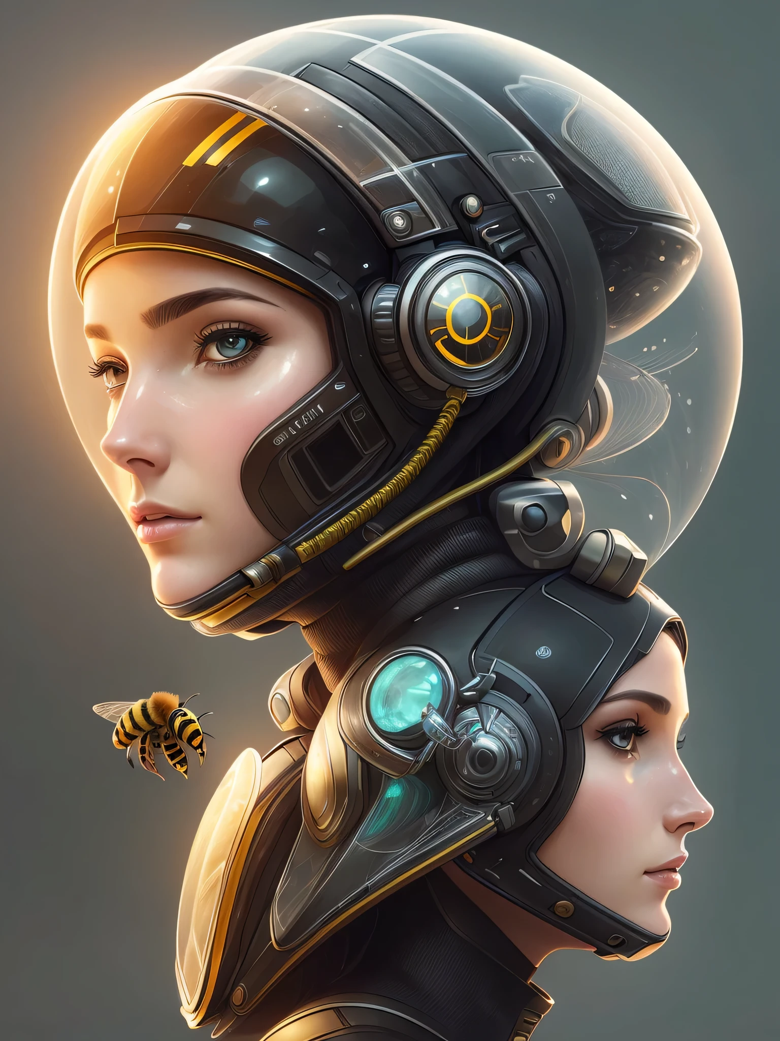 a close up of a woman wearing a helmet with a bee on it, digital art inspired by Marek Okon, cgsociety contest winner, digital art, futuristic female beekeeper, portrait beautiful sci - fi girl, symmetrical portrait scifi, futuristic woman portrait, beautiful cyberpunk girl face, portrait of a sci - fi woman, sci - fi look,cm™