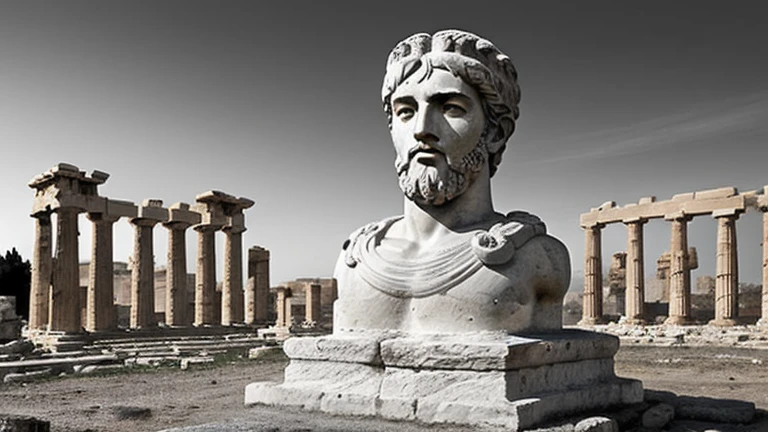 A dark landscape image of an ancient greek society deeply connected to stoicism, black and white, ancient greek architecture, include one single big statue of a stereotypical strong greek man, marcus aurelius Dark Style,