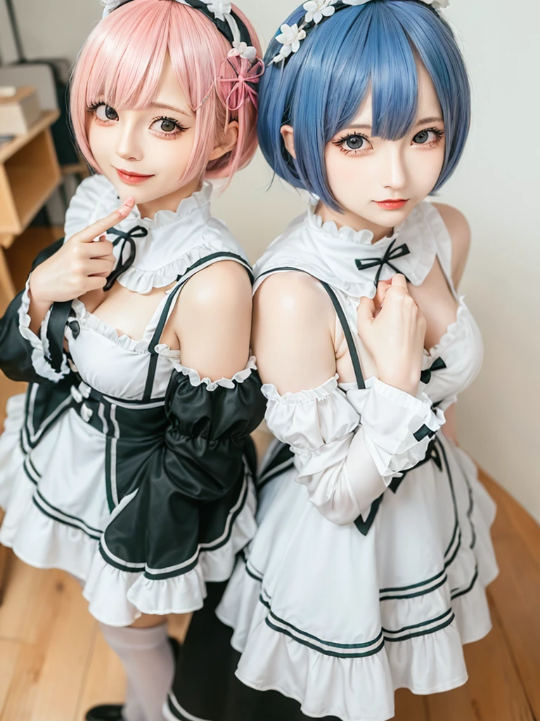(8K, Photorealistic, Raw photo, of the highest quality: 1.3), (1girl in), Super beautiful, (Realistic face), (boyish, light blue Color Berry Shorthair),(8K, Photorealistic, Raw photo, of the highest quality: 1.3), (1girl in), Super beautiful, (Realistic face), (boyish, pink Color Berry Shorthair), Beautiful , Glare that captivates the viewer, Beautiful expression, Beautiful breasts, (Realistic skin), Be...Create a detailed and colorful image of Ram and Rem from Re:Zero, standing back-to-back in their maid outfits, with a magical fantasy background、14years old, two girls,cute, perfect face, beautiful, nice body, gothic lolita clothes, gothic lolita fashion, frilly skirt, headdress, necklace, bracelet, knee-high socks, boots, double eyelids, tear bags, Detailed down to the fingers, photo-like description, indoors, dim indoor lighting, one girl is pink hair and short bob, another girl is light blue hair and short bob,standing, whole body, composition that shows the whole body, smiling,The Both of them are wearing the same type of maid outfit