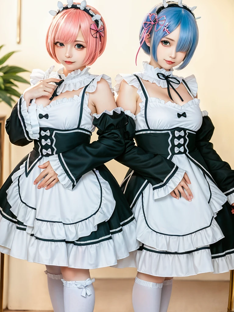 (8K, Photorealistic, Raw photo, of the highest quality: 1.3), (1girl in), Super beautiful, (Realistic face), (boyish, light blue Color Berry Shorthair),(8K, Photorealistic, Raw photo, of the highest quality: 1.3), (1girl in), Super beautiful, (Realistic face), (boyish, pink Color Berry Shorthair), Beautiful , Glare that captivates the viewer, Beautiful expression, Beautiful breasts, (Realistic skin), Be...Create a detailed and colorful image of Ram and Rem from Re:Zero, standing back-to-back in their maid outfits, with a magical fantasy background、14years old, two girls,cute, perfect face, beautiful, nice body, gothic lolita clothes, gothic lolita fashion, frilly skirt, headdress, necklace, bracelet, knee-high socks, boots, double eyelids, tear bags, Detailed down to the fingers, photo-like description, indoors, dim indoor lighting, one girl is pink hair and short bob, another girl is light blue hair and short bob,standing, whole body, composition that shows the whole body, smiling,The Both of them are wearing the same type of maid outfit