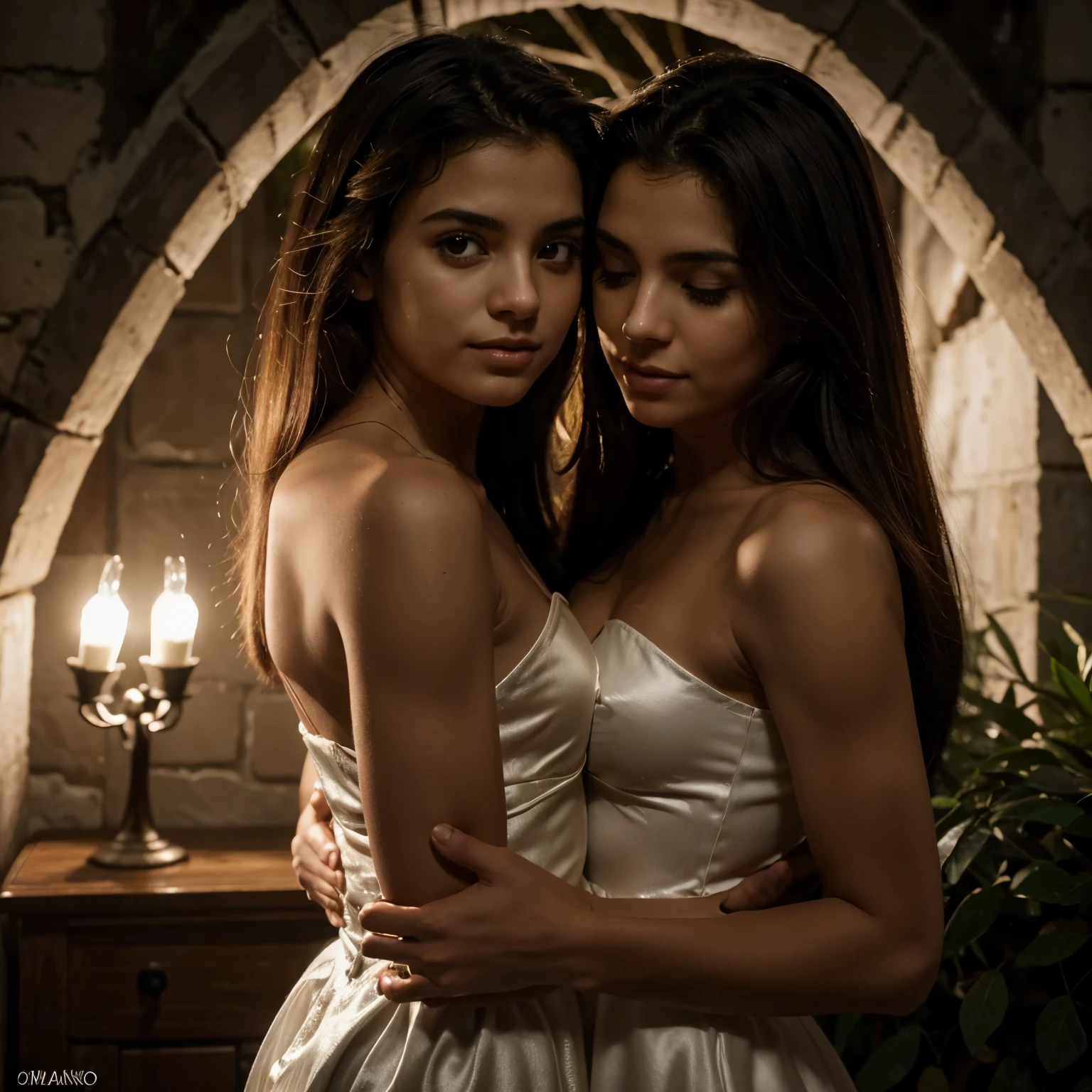 fundo escuro, quase negro, that conveys mystery and secret. No centro da capa, duas silhuetas escuras, representando Josh e Anie, They are standing, de frente um para o outro, with arms wrapped in a passionate embrace. The outline of their bodies is slightly obscured to suggest the need to keep their relationship a secret. Their faces are turned towards each other, com os olhos fechados, transmitindo a intensidade do momento. A luz fraca, sugerindo a luz da lua, subtly highlights your silhouettes and creates a romantic atmosphere. The title of the book, "Entre Dois Mundos: A Forbidden Passion", is in white or silver letters, com uma fonte elegante e ousada, posicionado centralmente acima das silhuetas.