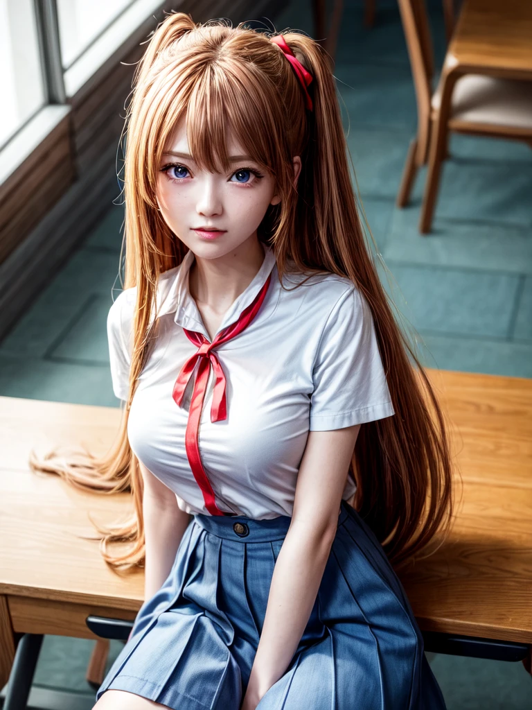 (8k, highest quality, Pieces fly:1.2)、Ultra-high resolution、anime,1 very pretty girl,Asuka Langley,Highly detailed face, Fine grain,blue eyes,,White sailor collar plain short sleeve shirt,Light blue skirt,Light Blue Suspenders,uniform_Red ribbon,Orange Hair,Long Hair、Detailed hand and fingers,put your hands in your hair,Grin、sitting on desk,Shooting from above,classroom