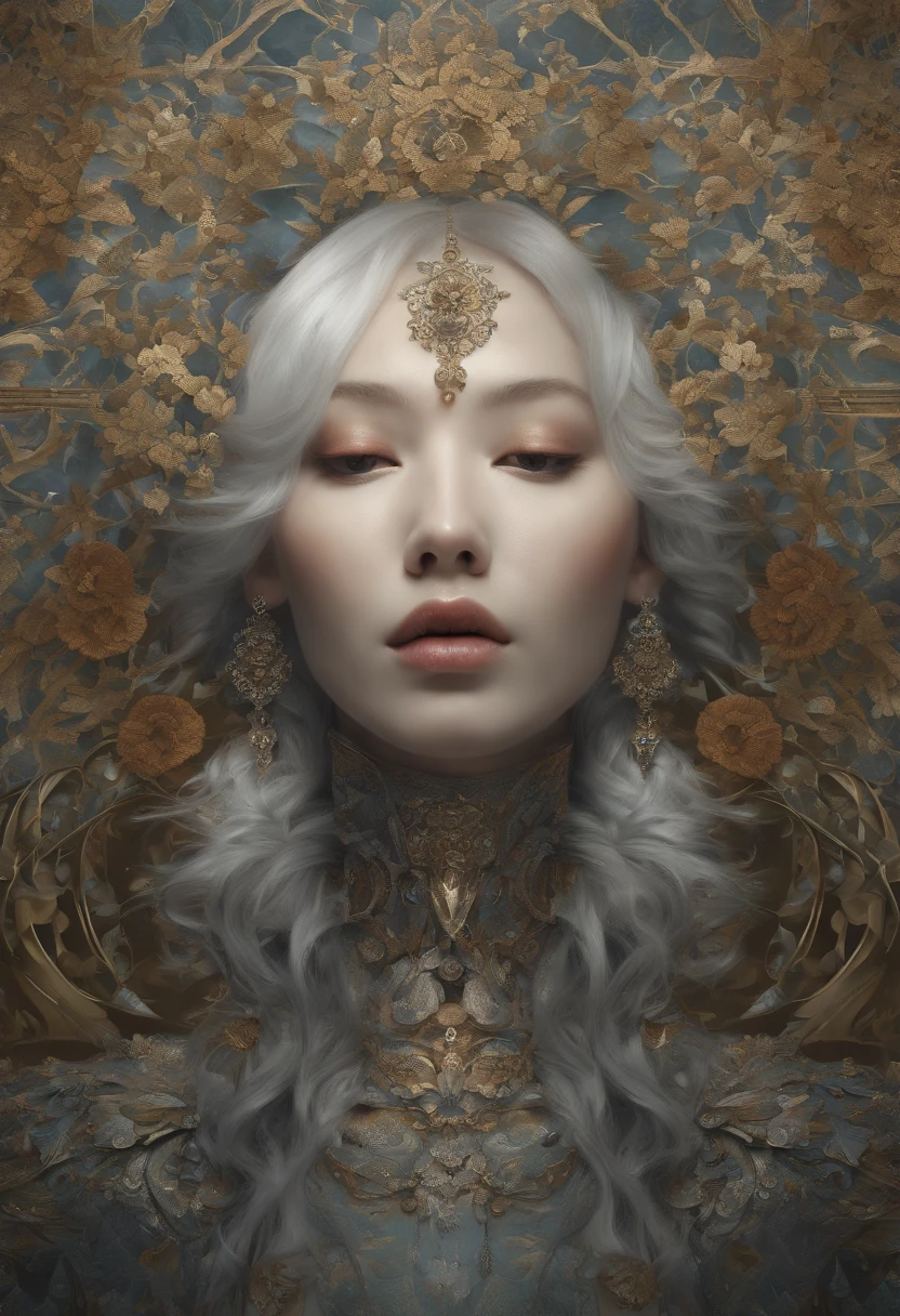 official art, unity 8k wallpaper, ultra detailed, beautiful and aesthetic, masterpiece, best quality, (zentangle, mandala, tangle, entangle), (fractal art:1.3) , 1girl, extremely detailed, dynamic angle, cowboyshot, the most beautiful form of chaos, elegant, a brutalist designed, vivid colours, romanticism, by james jean, roby dwi antono, ross tran, francis bacon, michal mraz, adrian ghenie, petra cortright, gerhard richter, takato yamamoto, ashley wood, atmospheric, ecstasy of musical notes, streaming musical notes visible, silver hair, eyes closed, praying