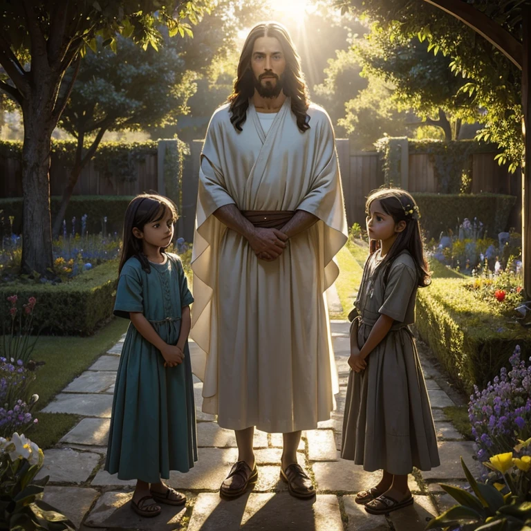 (RAW style, masterpiece, best quality, ultra-detailed), Jesus between , rays of sun behind him, day light, in a big garden, 