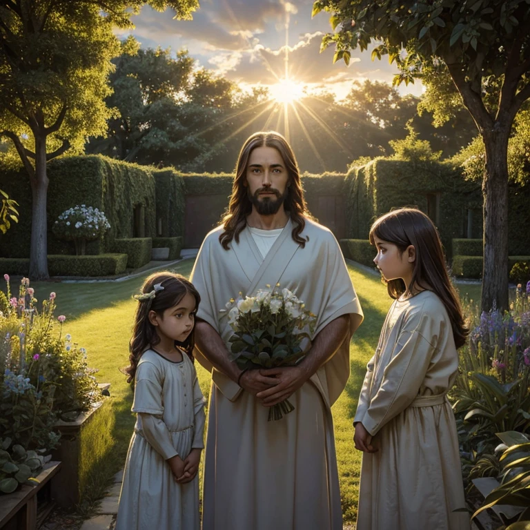 (RAW style, masterpiece, best quality, ultra-detailed), Jesus between children, rays of sun behind him, day light, in a big garden, 