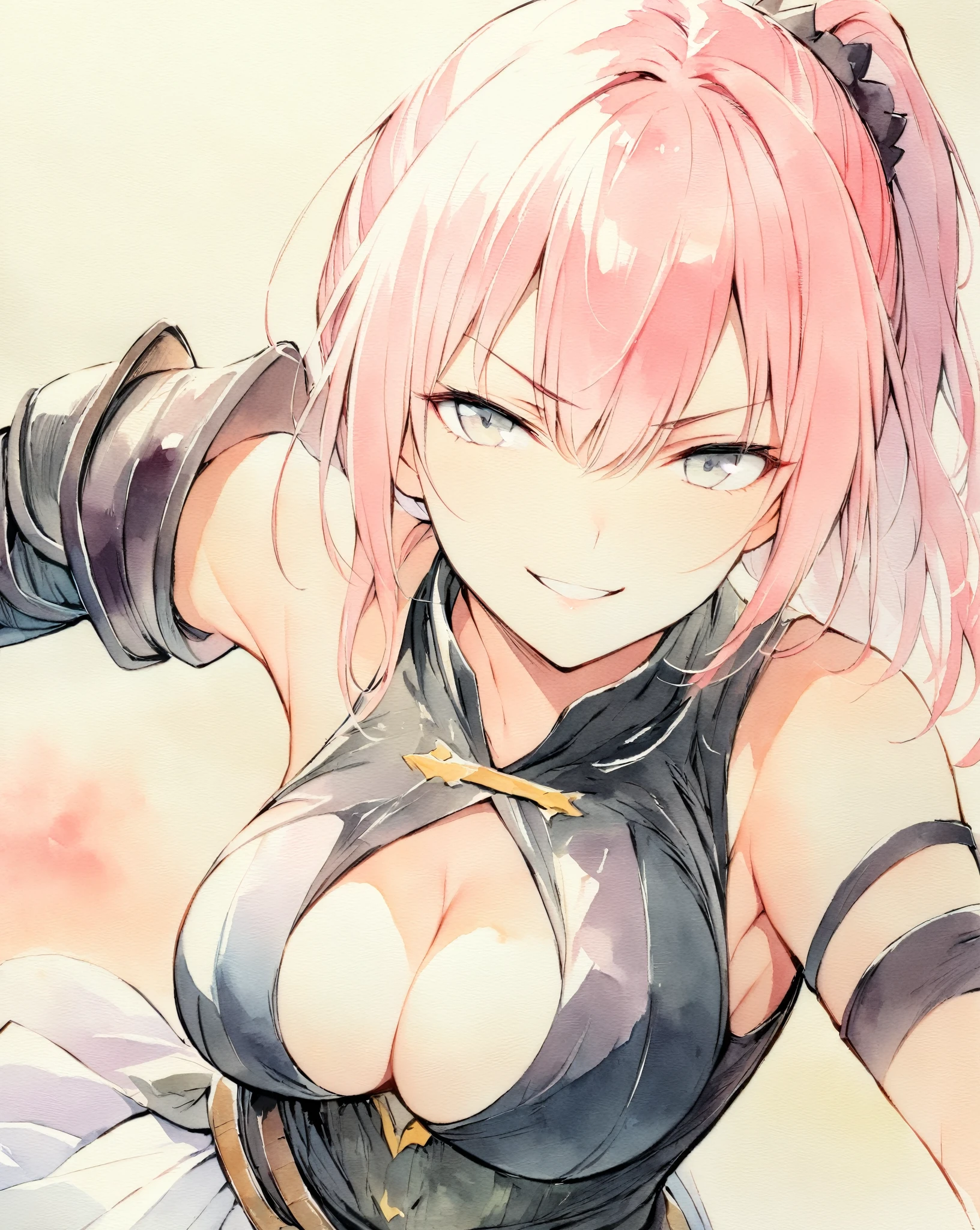 masterpiece, Best quality, watercolor (medium), 1girl, breast, Solitary, Single ponytail, Cleavage, Black picks dye pink hair, Delicate gray eyes, Bangs, jewelry, skirt, Bare shoulders, sleeveless, Hair between the eyes, 单Scapula, looking at the audience, Fighting Stance, large breast, armor, shoulder armor, sleeveless skirt, Upper Body, Single sleeve, white skirt, Scapula, Naughty smile, , Tiger Teeth