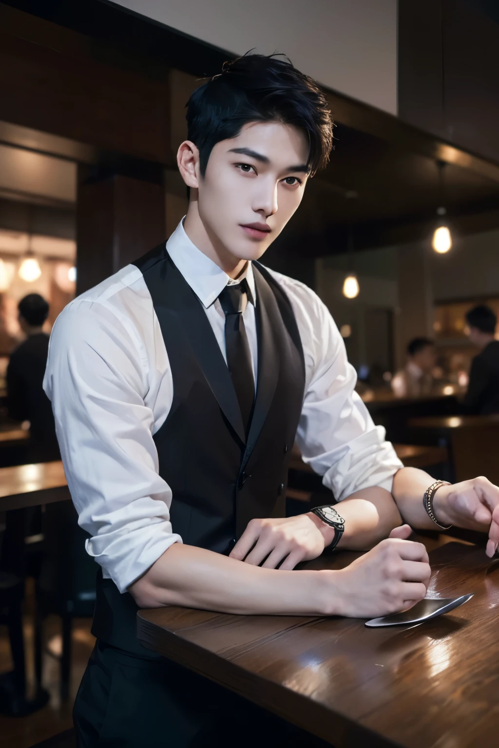 (1man), Asian, young (male:1.5), grey eyes, slender eyes, smile, (((boy in very short hair:1.3))), under_cut, Pompadour, ((formal)), ((handsome, sharp, wild facial features)), (robust muscular body), (robust physique), in restaurant, peoples in the background