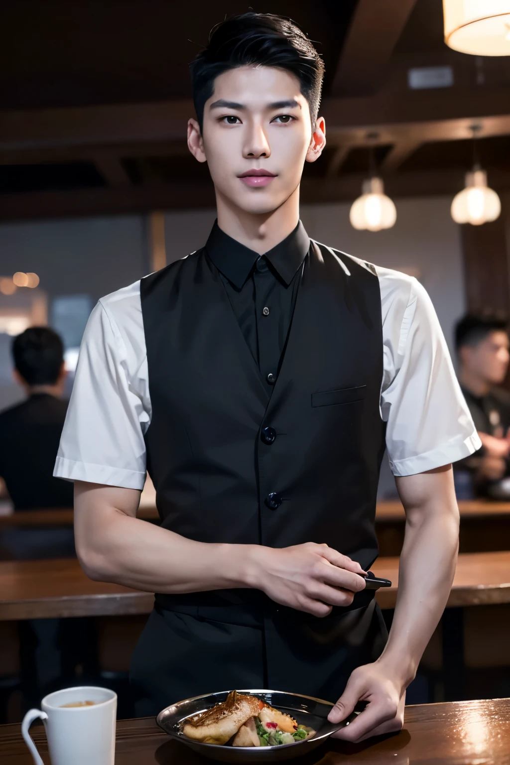 (1man), Asian, young (male:1.5), grey eyes, slender eyes, smile, (((boy in very short hair:1.3))), under_cut, Pompadour, ((formal)), ((handsome, sharp, wild facial features)), (robust muscular body), (robust physique), in restaurant, peoples in the background