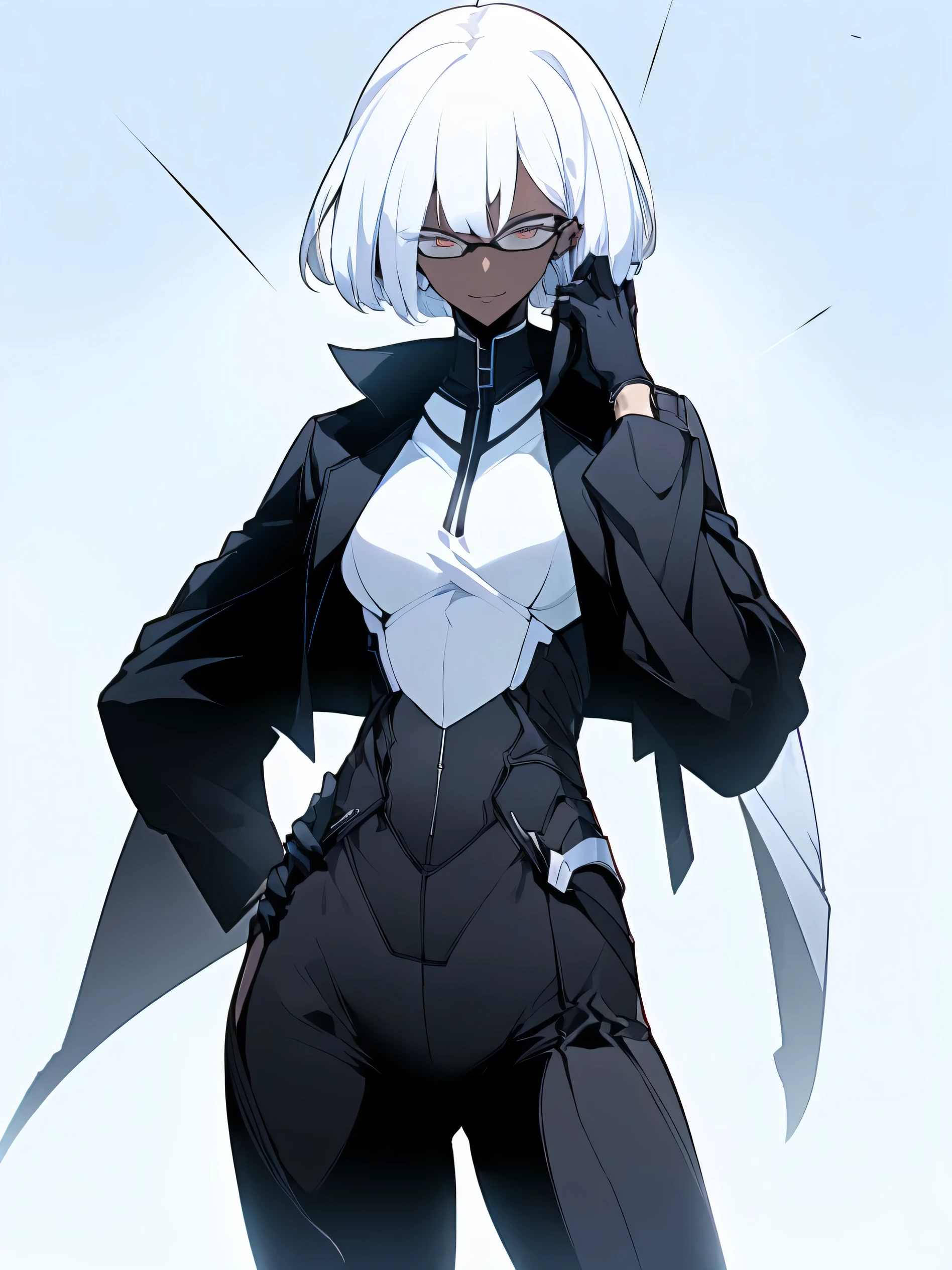 (top-quality、masterpiece:1.2) 1woman、Adults、((dark skinned female、long white short hair、Hair hanging over the ears)) ((White background)) eye glasses、((Black business suit、Black tailored jacket、white shirt、Black pantsuit、Black gloves)) (One hand is on her hip) (Vicious look、Vulgar smile)