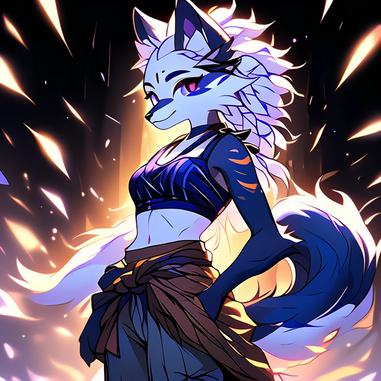 Solo, sfw, Young Female white fox-cat (((lean-body))) (((medium breasts))) (short snout),(((fur (black stripe) between neck and shoulder towards chest))) ((fur (black stripes) on waist))(ears are darker), (heterochromia ((violet)) (orange)), (cat tail (black at end)), (white hair (single-braided)), (fantasy adventure type clothing ((violet shirt (crop top) (dark fur strips on waist)), golden-brown cloak, (navy-blue belt) khaki pants)), happy ((looking at viewer)) ((Female wolf)) (detailed eyes) (clevedge, (collarbone, shoulders), (solo, (1girl)) ((((fluffy white fur)))) ((extremely detailed fur)) (violet crop top)