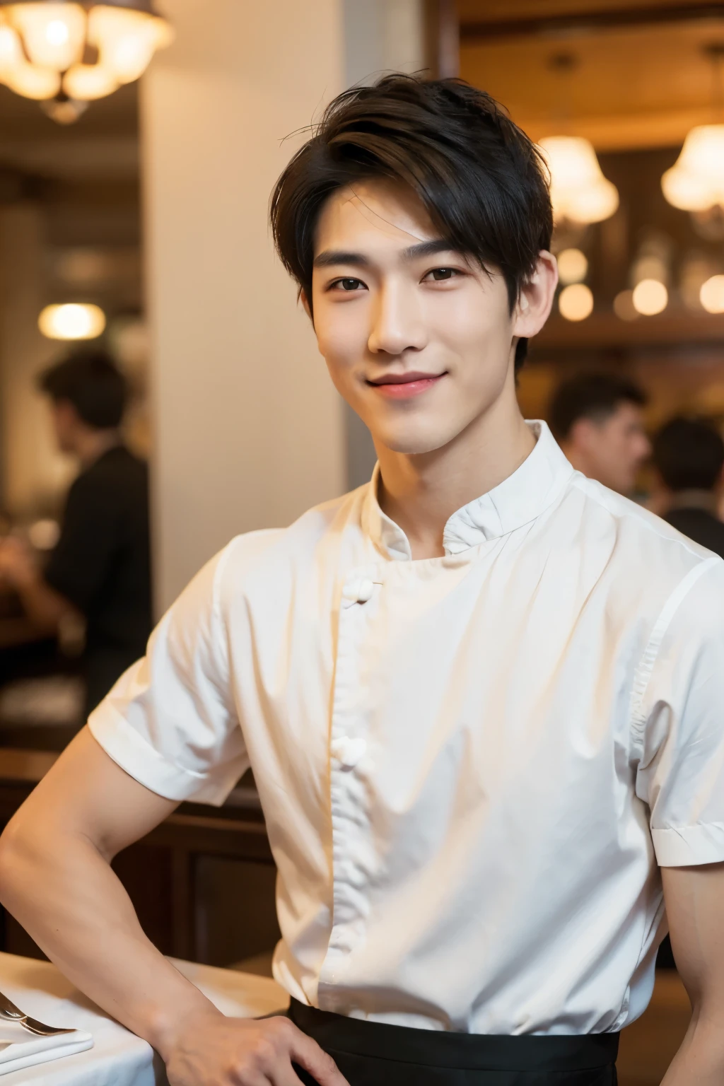 (1man), Asian, young (male:1.5), grey eyes, slender eyes, smile, (((boy in very short hair:1.3))), under_cut, Pompadour, ((formal)), ((handsome, sharp, wild facial features)), (robust muscular body), (robust physique), in restaurant, peoples in the background