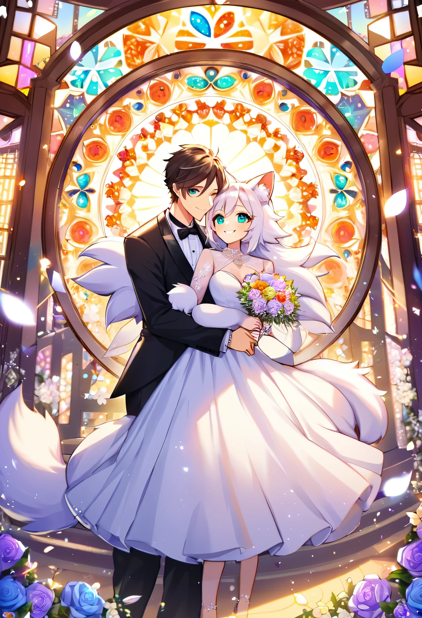 Top quality, ultra-fine illustrations(associations, colorful stained glass with shimmering light, kaleidoscope, wedding aisles lined with jewel-like lamps)(very detailed and beautiful faces, very detailed and beautiful eyes, eyes with lively brilliance)absurdres, perfect anatomy(angelic cute 1girl, kemono, angelic handsome 1boy, couple)(happy wedding, husband in tuxedo, beastman wife in wedding dress, husband hugging wife's shoulders, Two people staring at each other and smiling, wedding photo, bouquet of beautiful flowers, shining wedding ring on ring finger)(furry anthro:1.7)(furry body, animal face features, animal body features)(very detailed fur)full body, smile, kiss (dynamic pose),