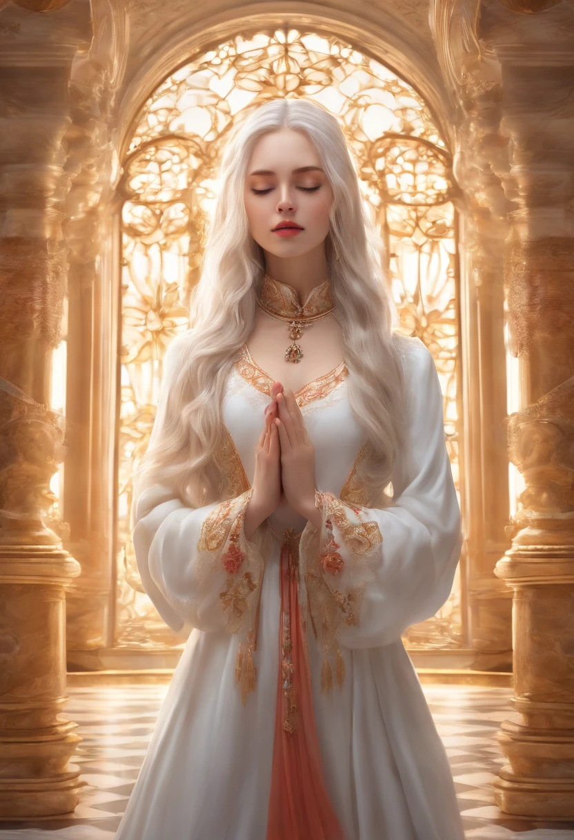 (absurdres, highres, ultra detailed), 1girl, solo, mature, Baroque, long dress, long sleeve, elegant, colorful, highest detailed, upper body, girl praying, eyes covered, white hair, straight hair